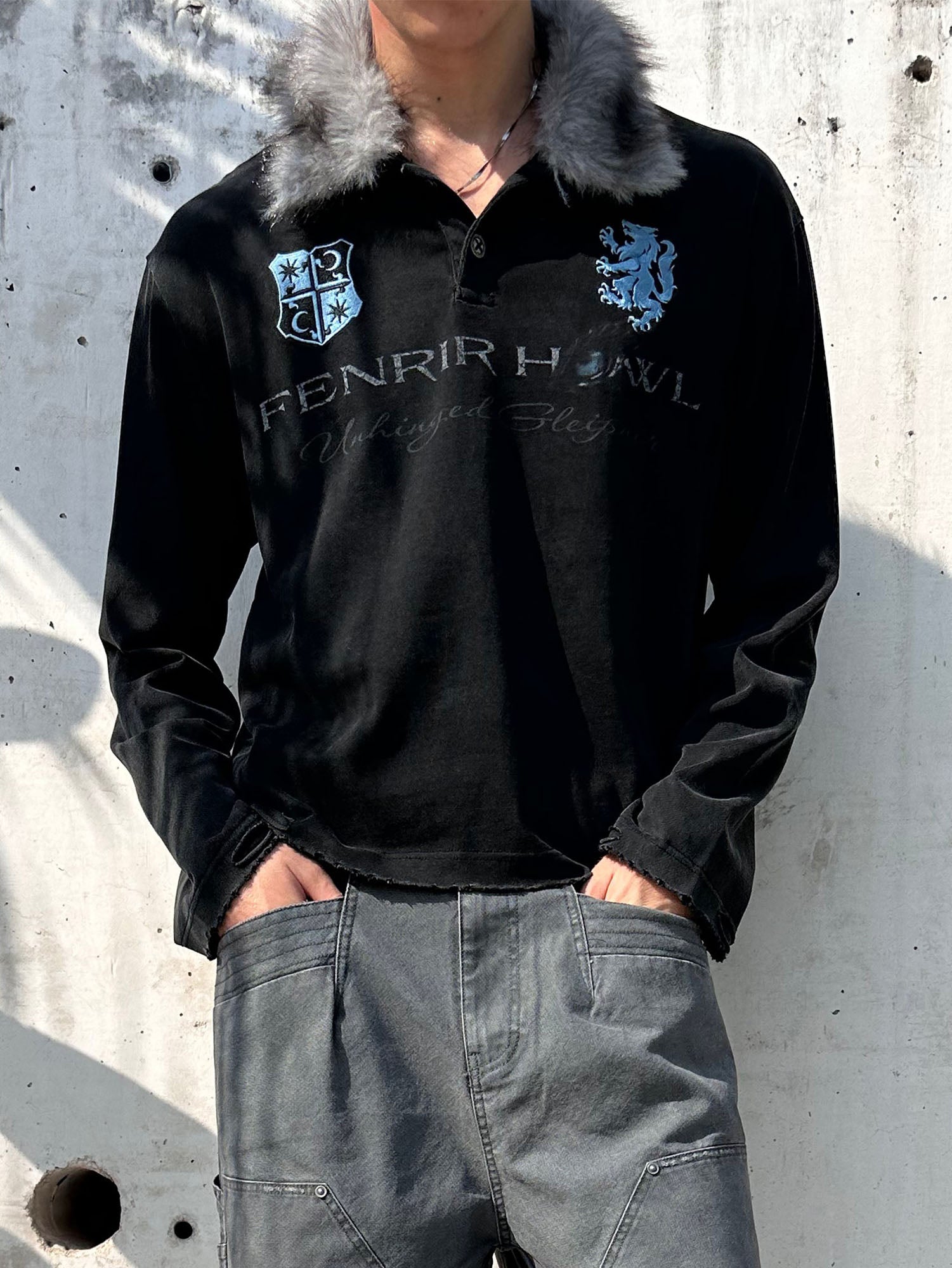 ESAIAS Detachable Faux Fur Collar Embroidered Long-Sleeve Tee, premium urban and streetwear designers apparel on PROJECTISR.com, ESAIAS