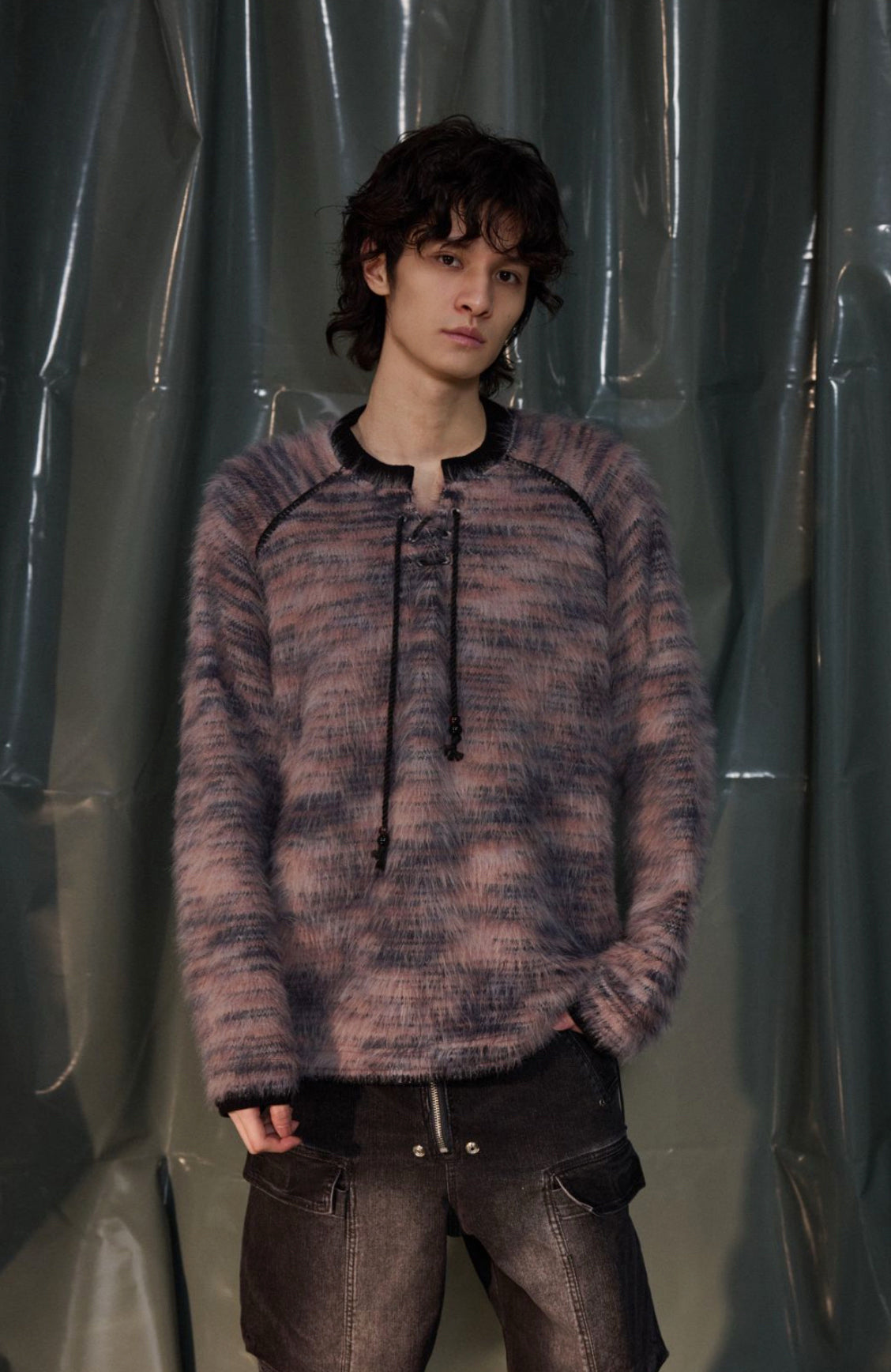 RECOVER ZONE Striped Mohair Drawstring Sweater