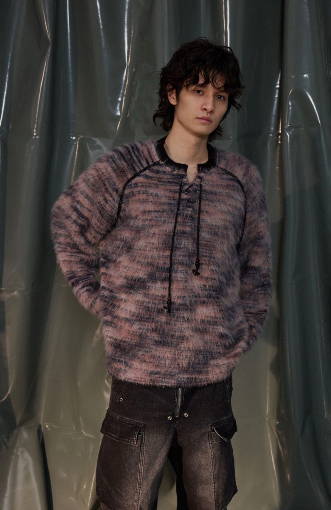 RECOVER ZONE Striped Mohair Drawstring Sweater