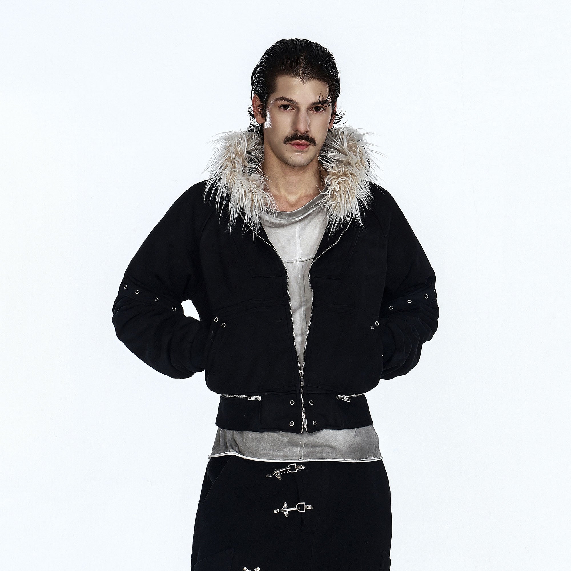 FLYERRER Detachable Faux-Fur Trim Cropped Jacket