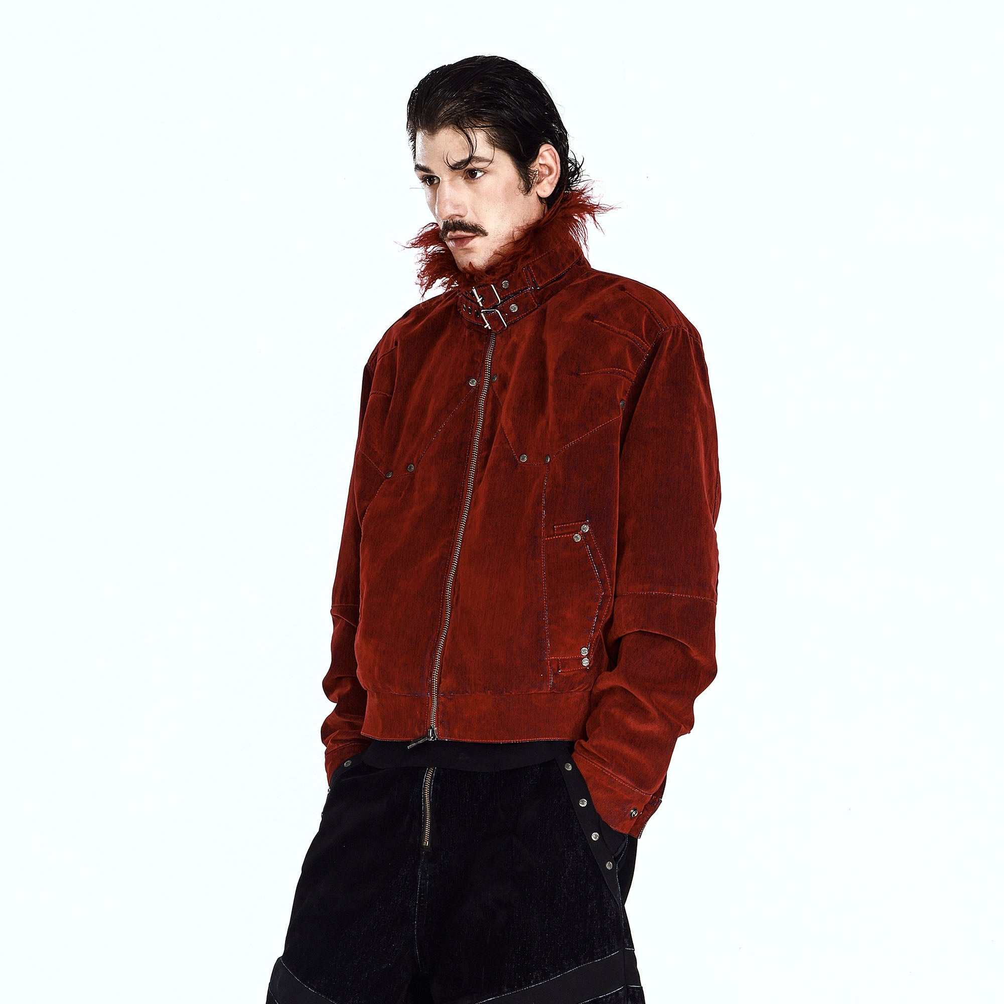 FLYERRER Retro Furry Collar Panel Denim Jacket