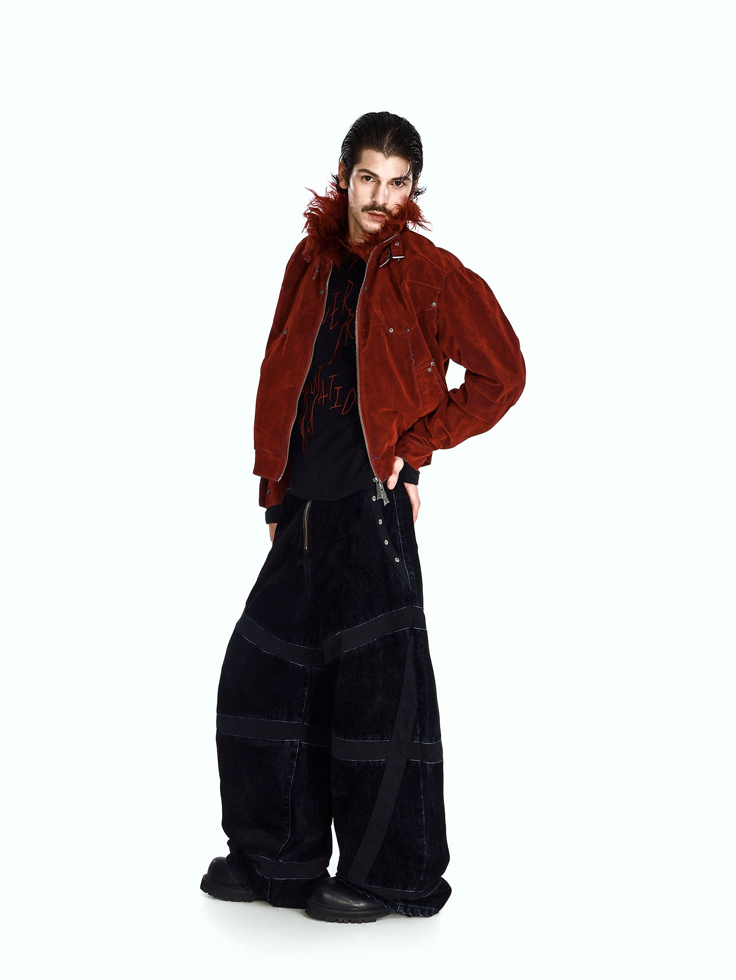 FLYERRER Retro Furry Collar Panel Denim Jacket