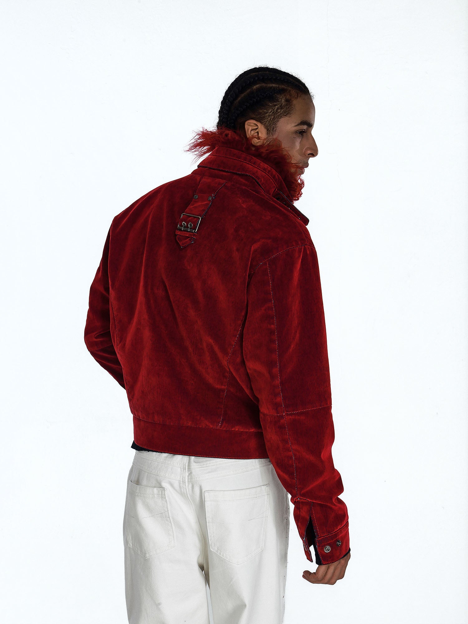 FLYERRER Retro Furry Collar Panel Denim Jacket