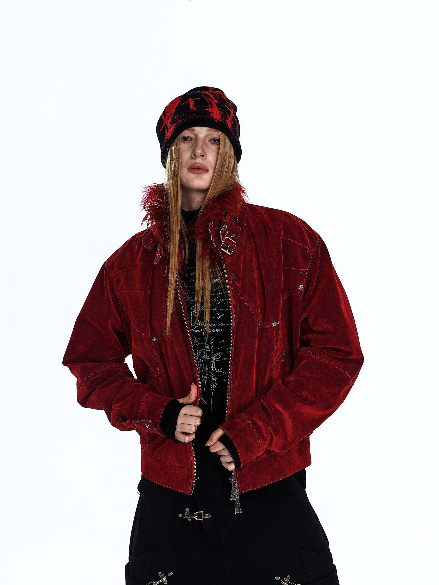 FLYERRER Retro Furry Collar Panel Denim Jacket