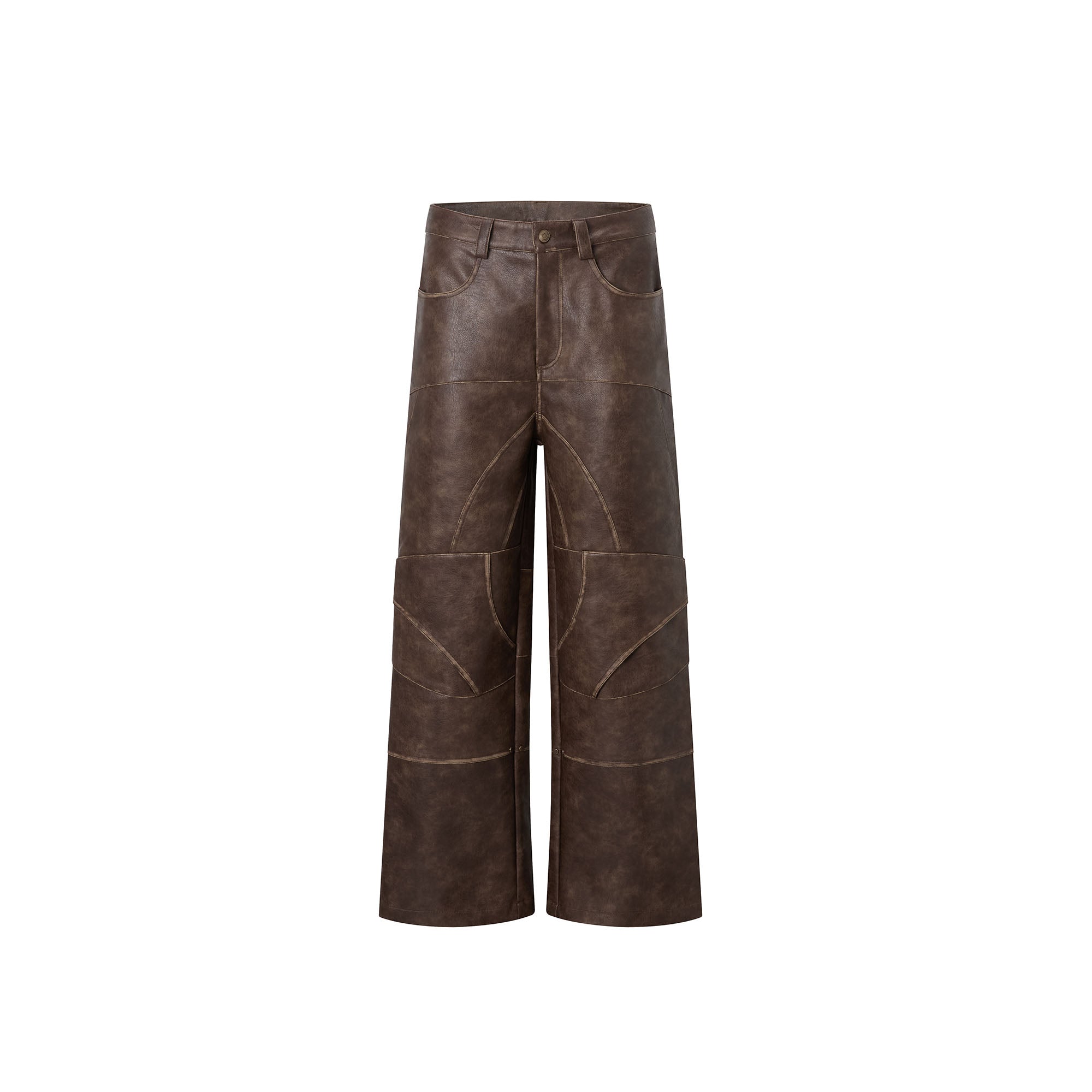 RECOVER ZONE Deconstructed Paneled Faux Leather Wide-Leg Pants, premium urban and streetwear designers apparel on PROJECTISR.com, RECOVER ZONE