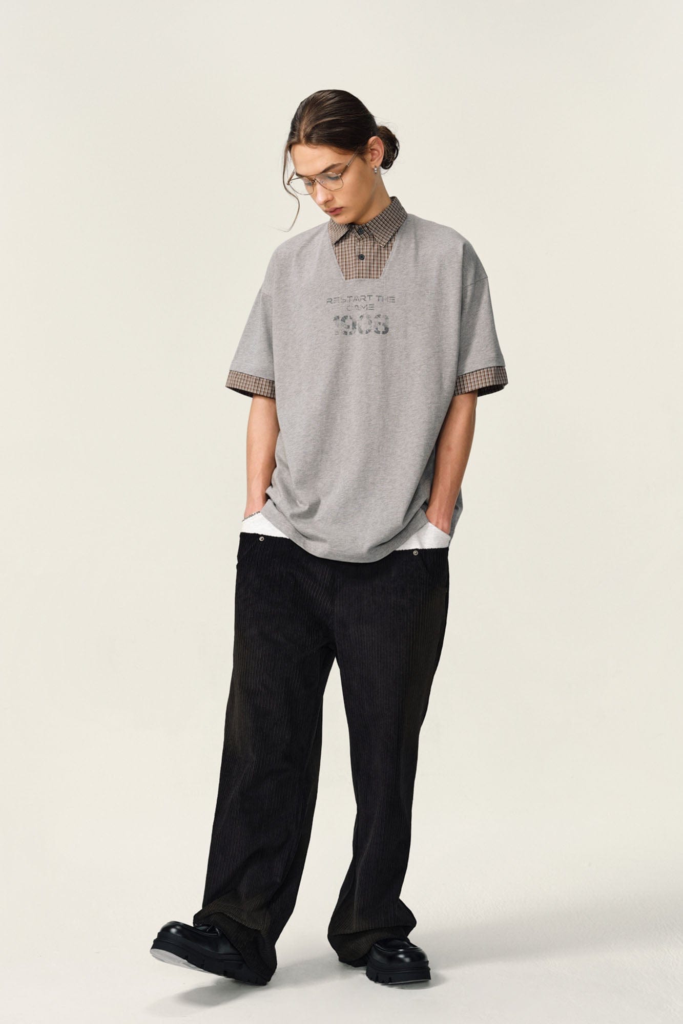 OVDY Layered Plaid Panel Mock Shirt T-Shirt, premium urban and streetwear designers apparel on PROJECTISR.com, OVDY
