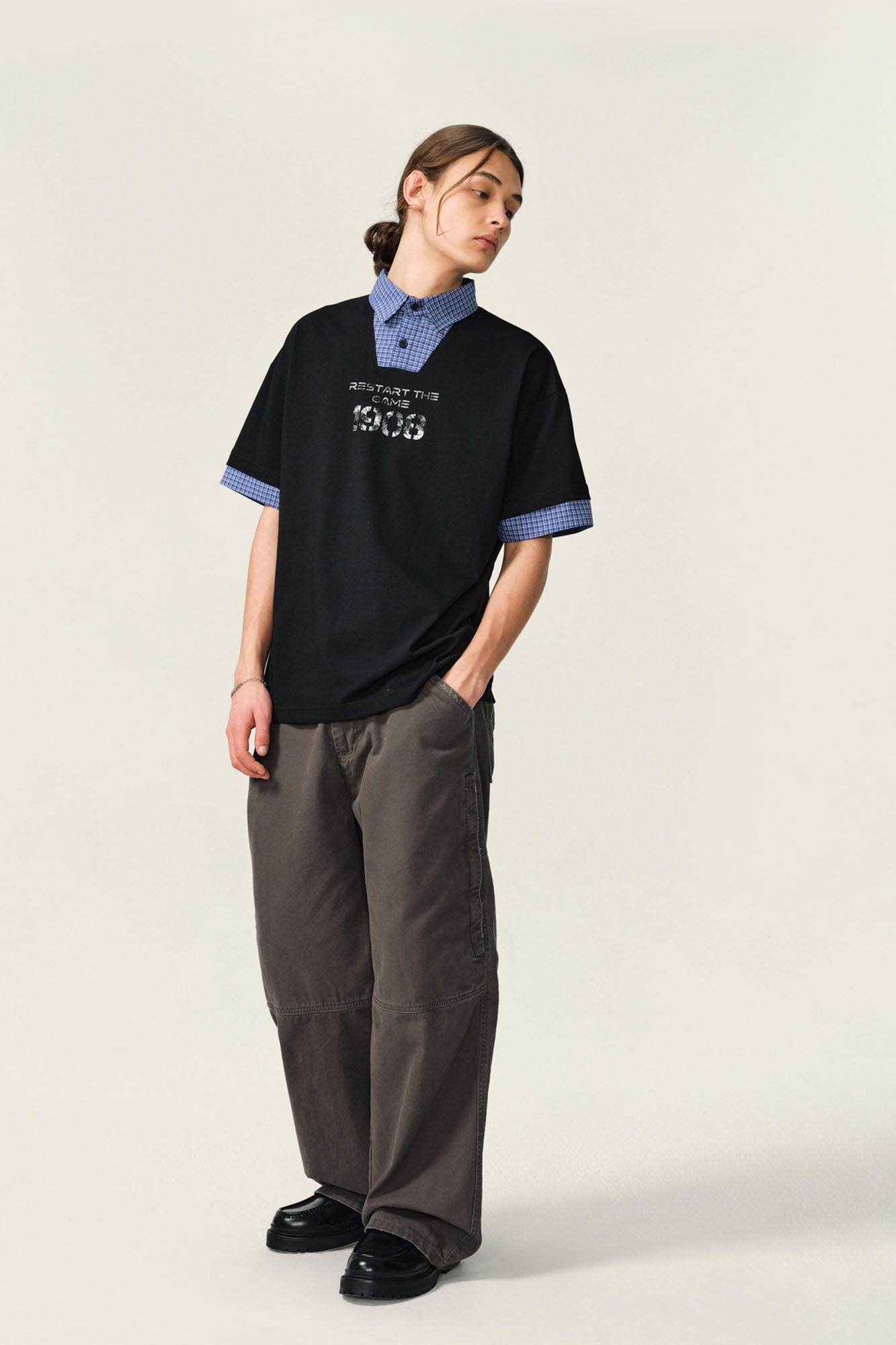 OVDY Layered Plaid Panel Mock Shirt T-Shirt, premium urban and streetwear designers apparel on PROJECTISR.com, OVDY