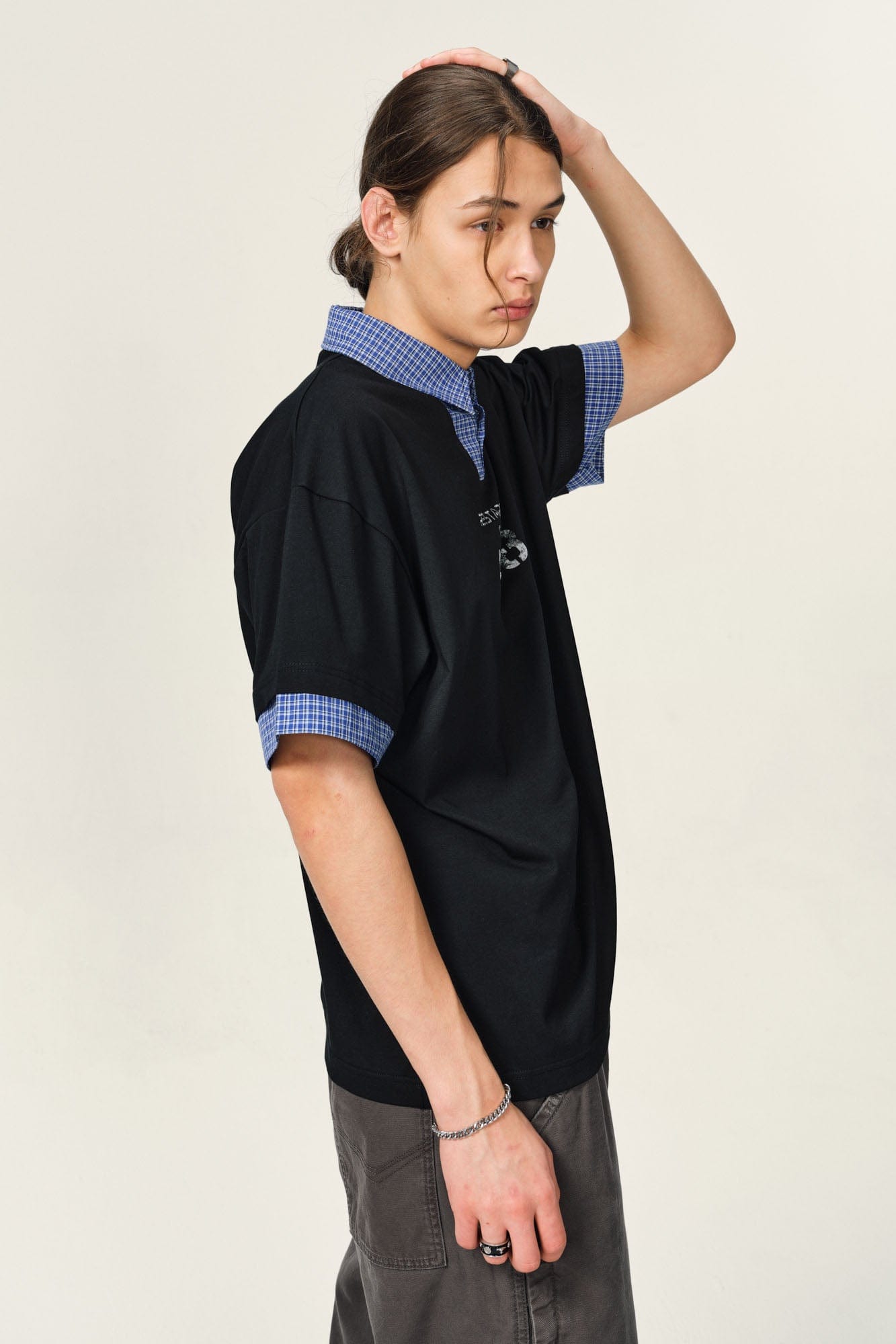 OVDY Layered Plaid Panel Mock Shirt T-Shirt, premium urban and streetwear designers apparel on PROJECTISR.com, OVDY