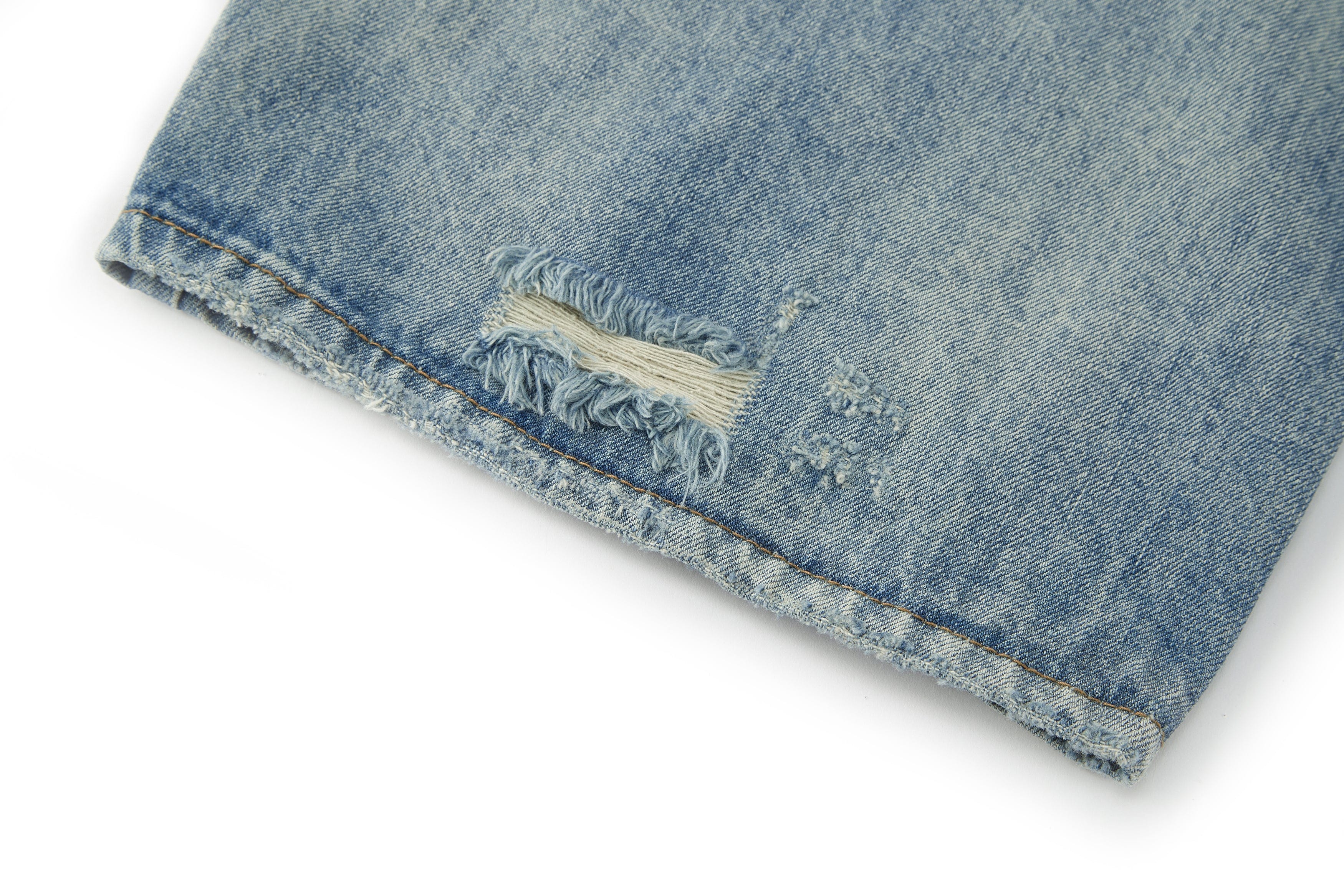 BONELESS Washed Ripped Hem Curved Baggy Jeans