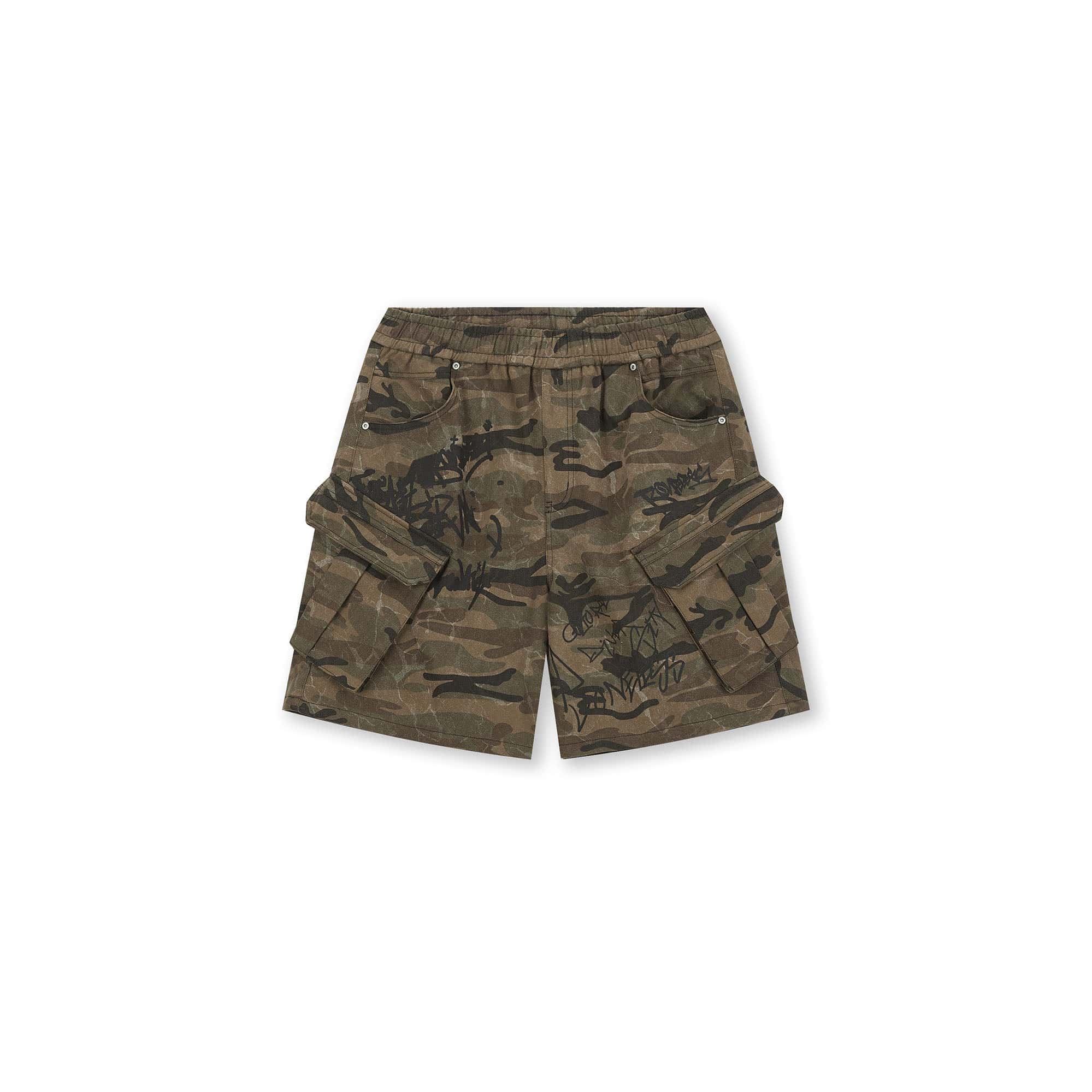 BONELESS Camo Graffiti Drawstring Shorts, premium urban and streetwear designers apparel on PROJECTISR.com, BONELESS