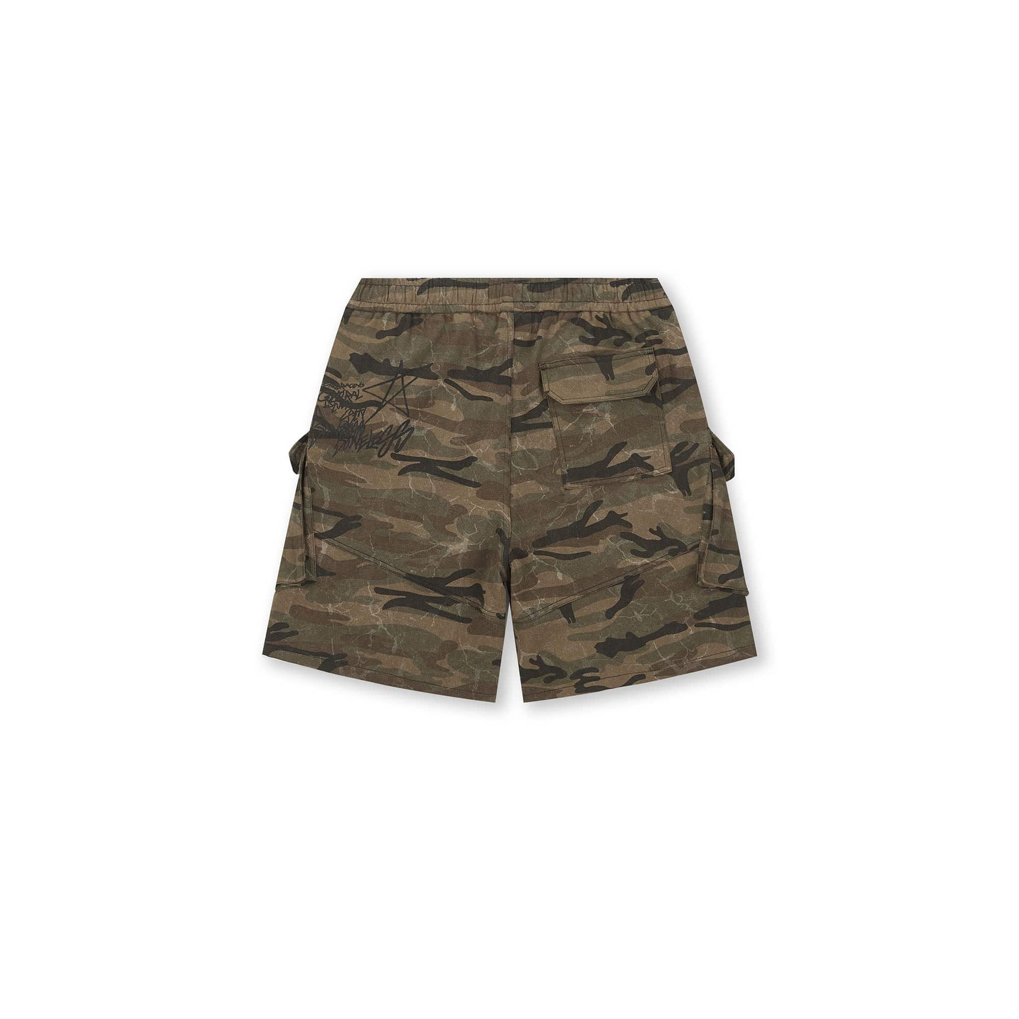 BONELESS Camo Graffiti Drawstring Shorts, premium urban and streetwear designers apparel on PROJECTISR.com, BONELESS