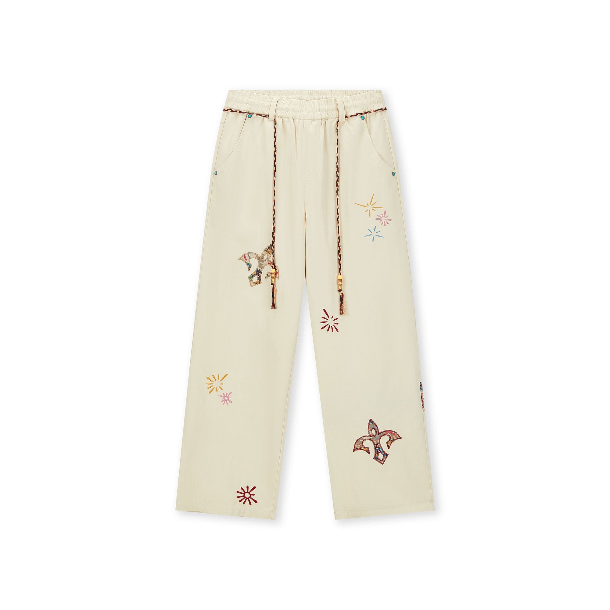 BONELESS Ethnic Embroidered Webbing Beaded Drawstring Pants, premium urban and streetwear designers apparel on PROJECTISR.com, BONELESS