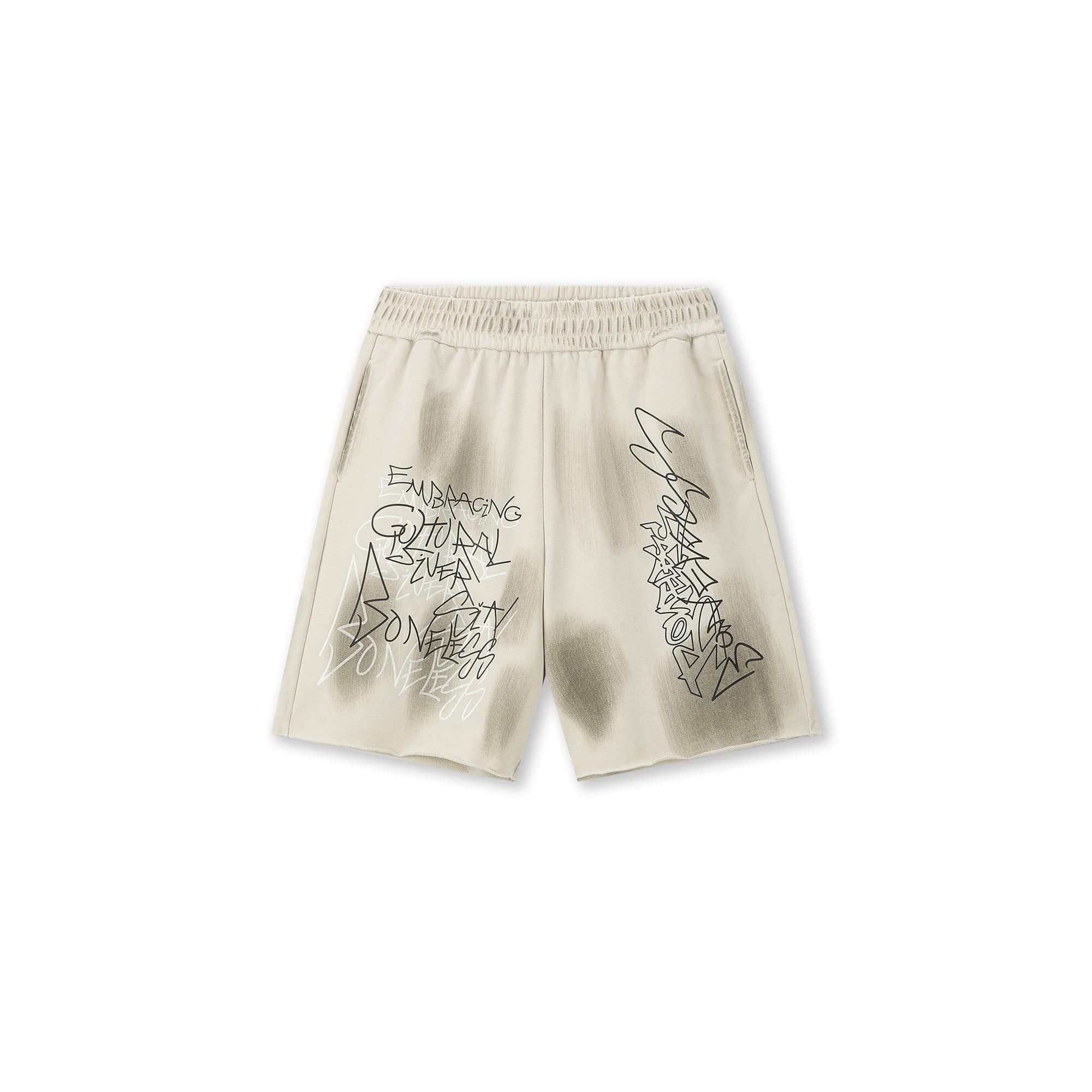 BONELESS Graffiti Distressed Washed Raw-Edge Shorts, premium urban and streetwear designers apparel on PROJECTISR.com, BONELESS