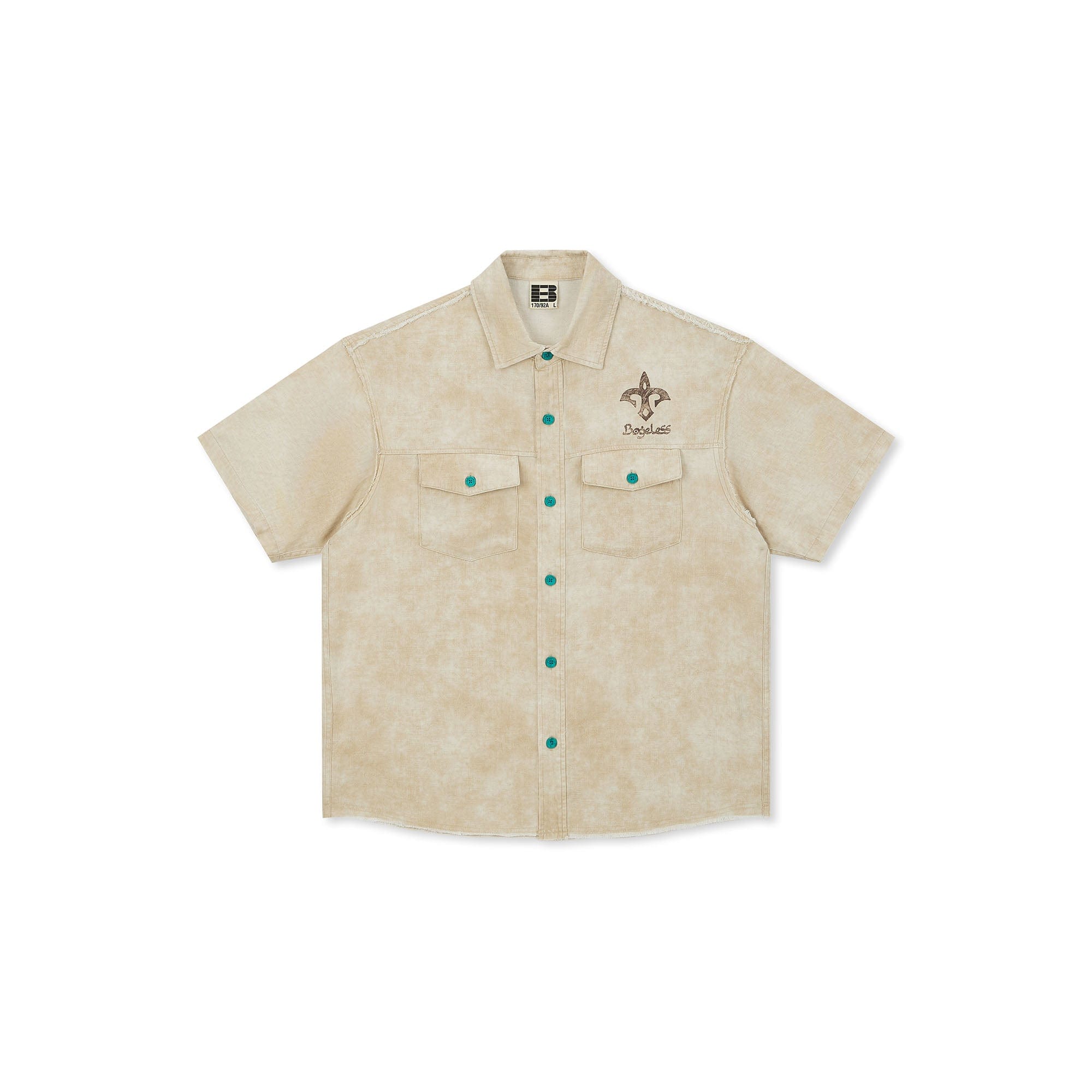 BONELESS Distressed Turquoise-Button Frayed-Hem Half Shirt, premium urban and streetwear designers apparel on PROJECTISR.com, BONELESS