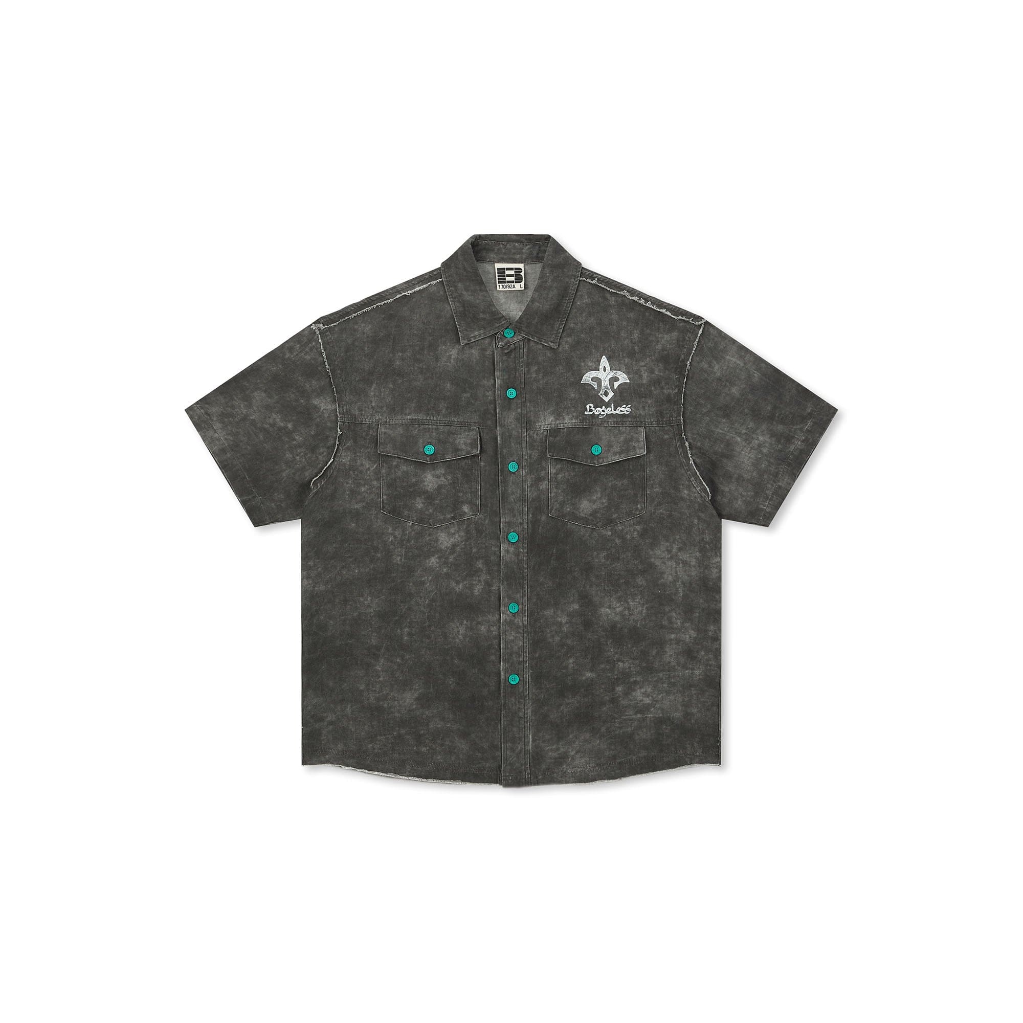 BONELESS Distressed Turquoise-Button Frayed-Hem Half Shirt, premium urban and streetwear designers apparel on PROJECTISR.com, BONELESS