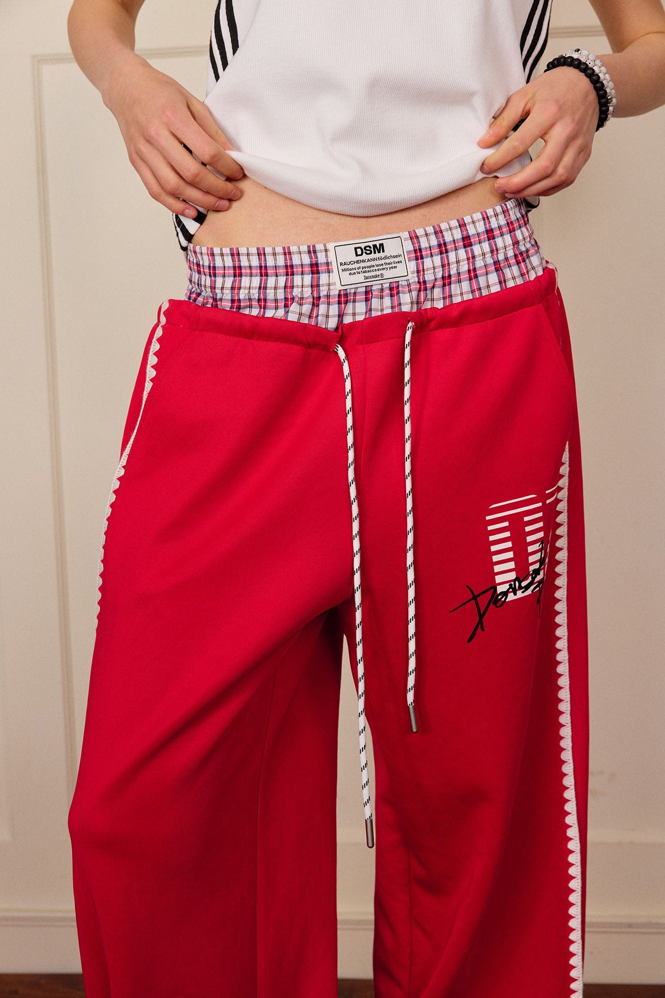 DONSMOKE Plaid Double-Waist Contrast Webbing Sweatpants, premium urban and streetwear designers apparel on PROJECTISR.com, DONSMOKE