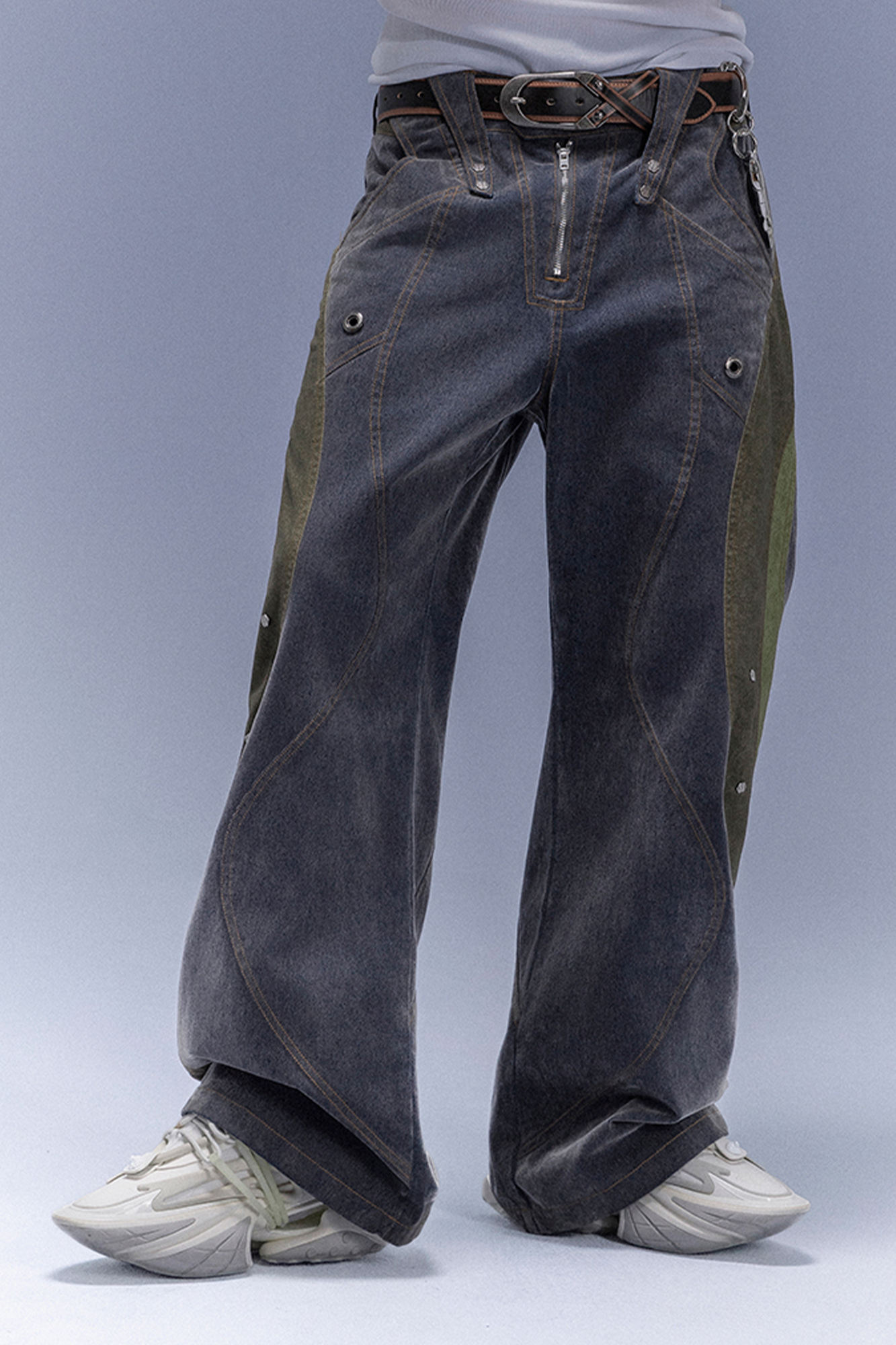 XIPHEVIL Washed Rivet Paneled Wide-Leg Pants