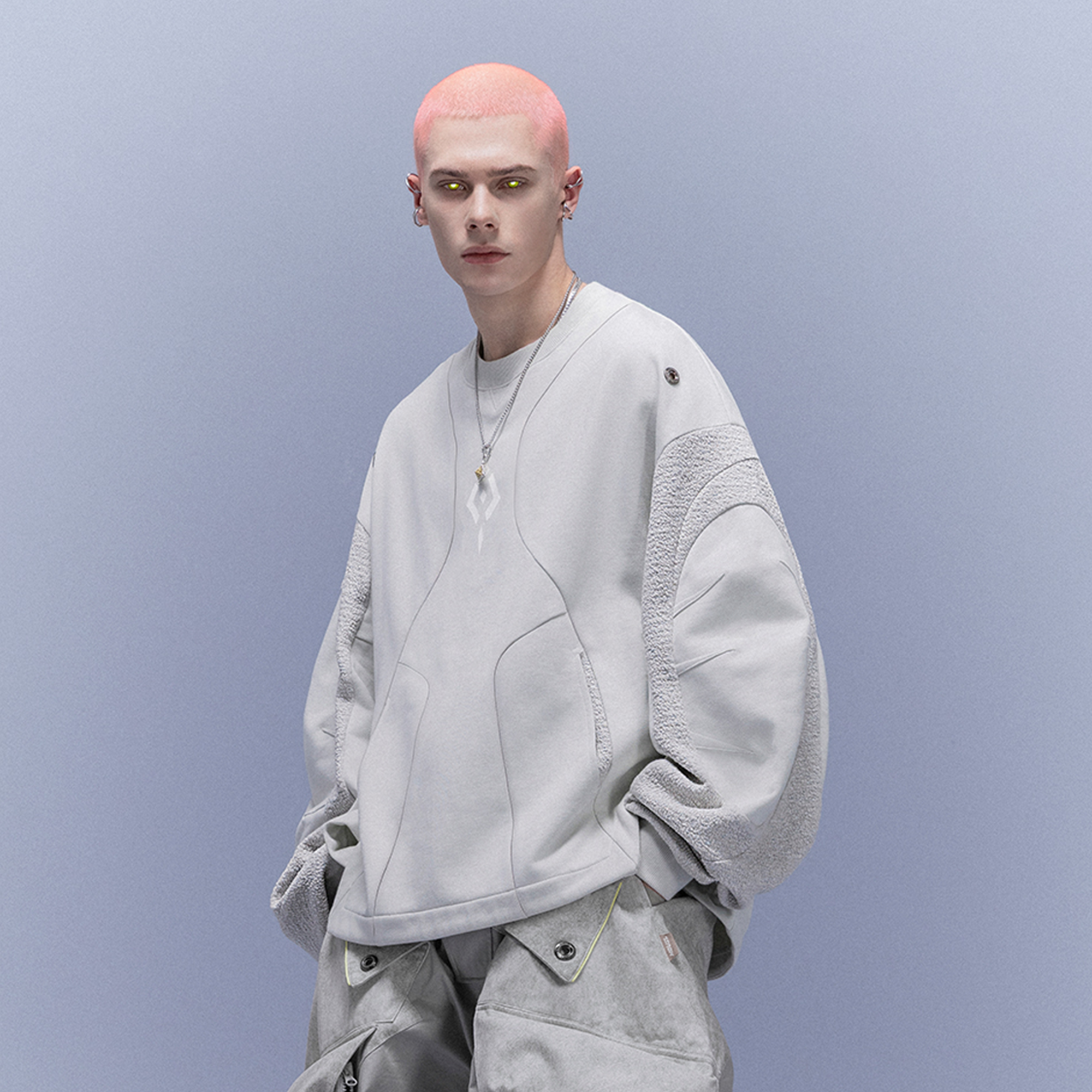 XIPHEVIL Utility Paneled Crewneck Sweatshirt White