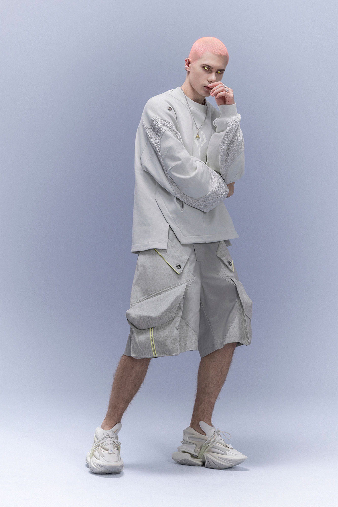 XIPHEVIL Utility Paneled Crewneck Sweatshirt White