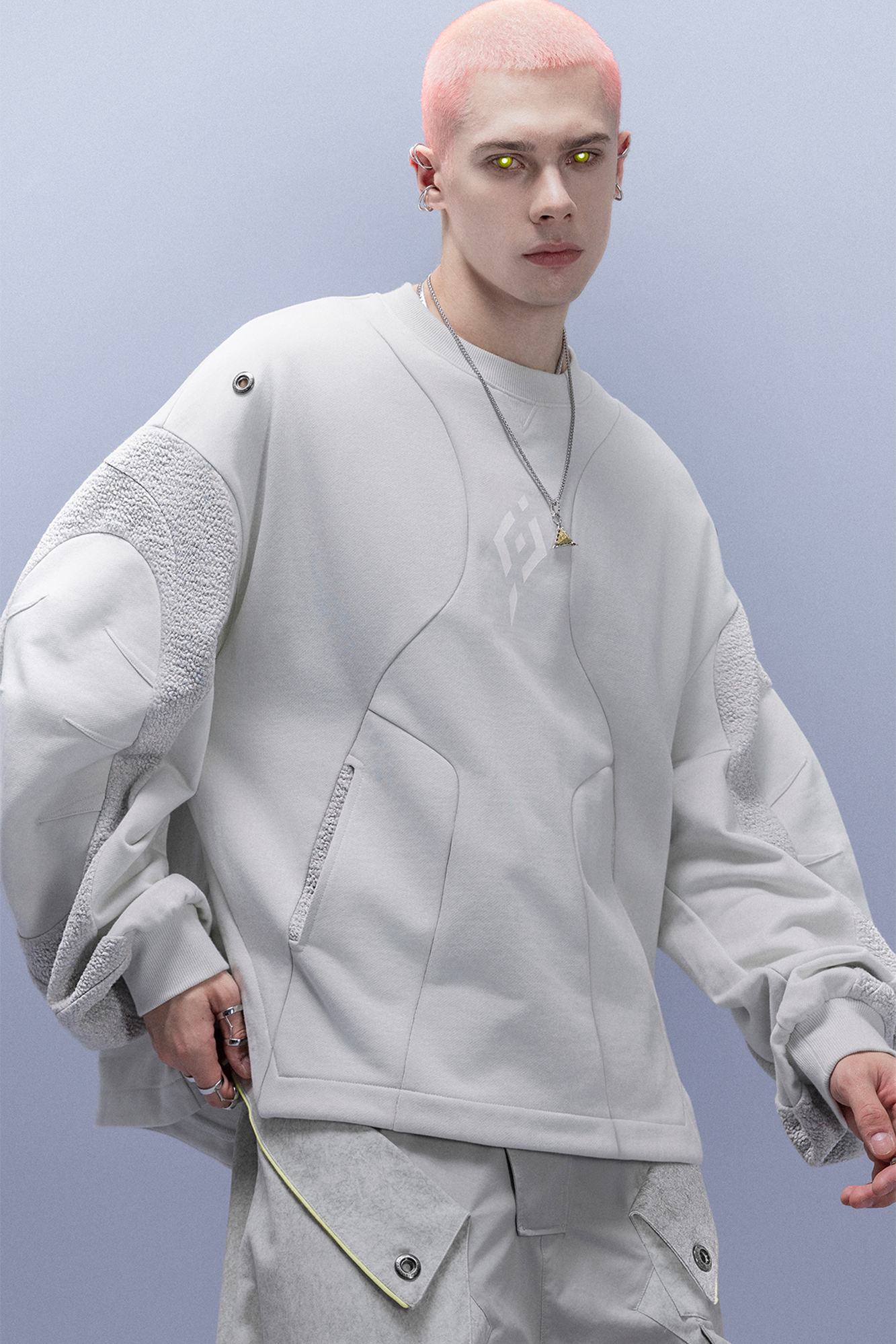 XIPHEVIL Utility Paneled Crewneck Sweatshirt White
