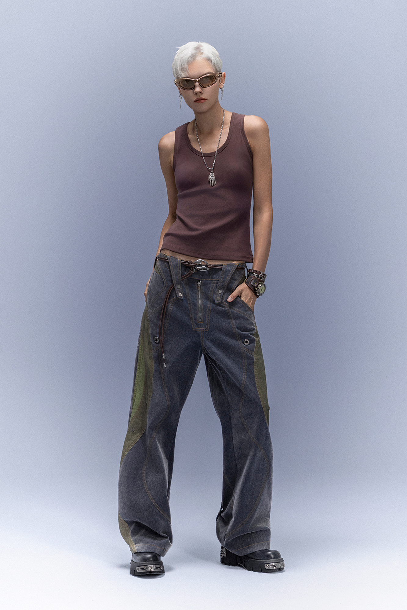 XIPHEVIL Washed Rivet Paneled Wide-Leg Pants