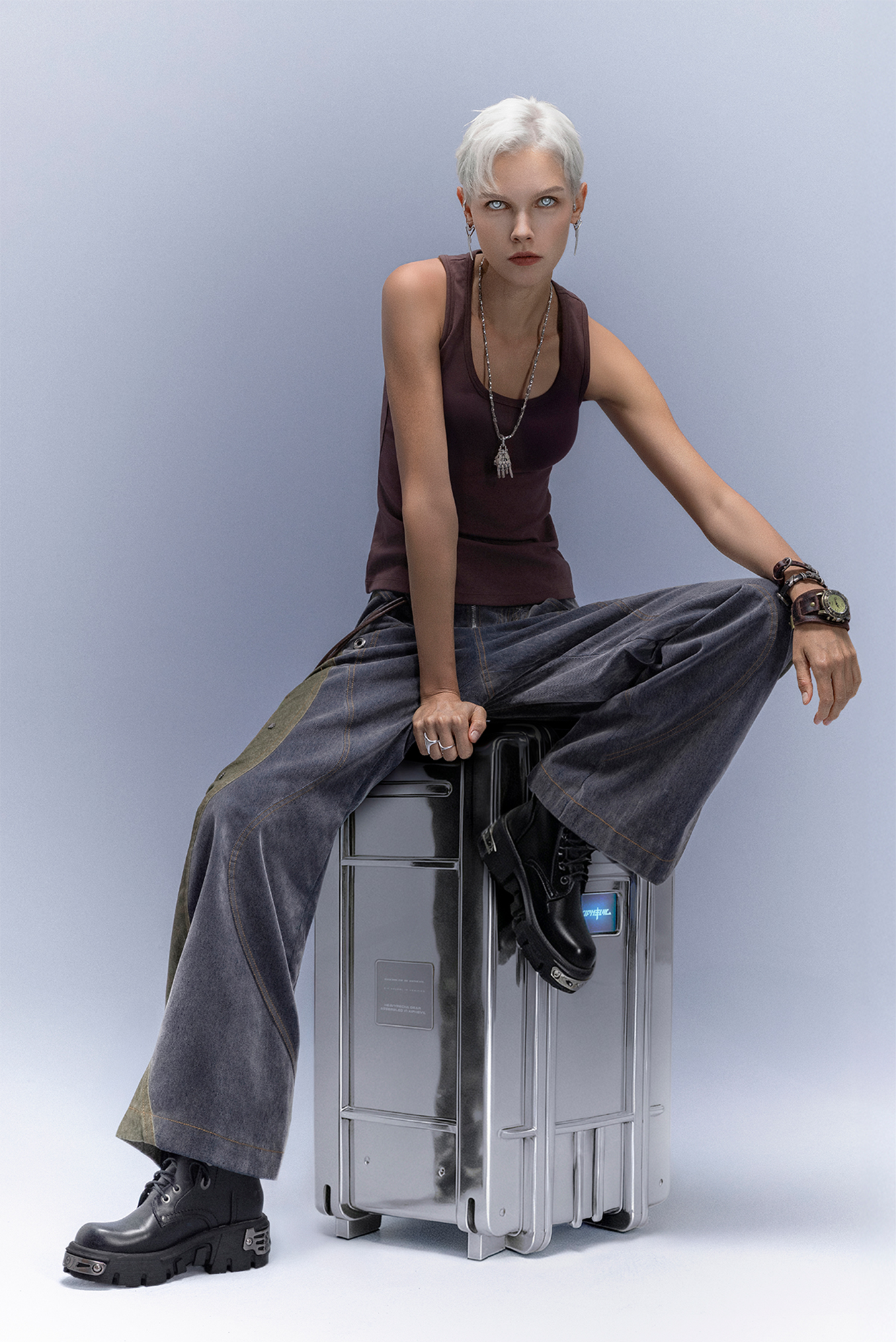 XIPHEVIL Washed Rivet Paneled Wide-Leg Pants