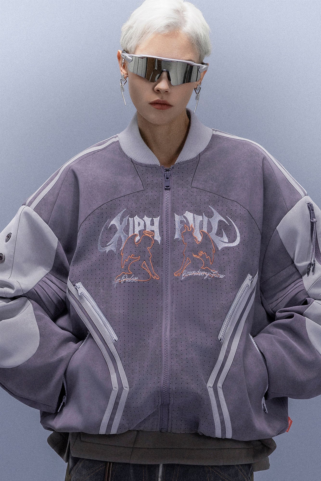 XIPHEVIL Faux Suede Embroidered LOGO Bomber Purple