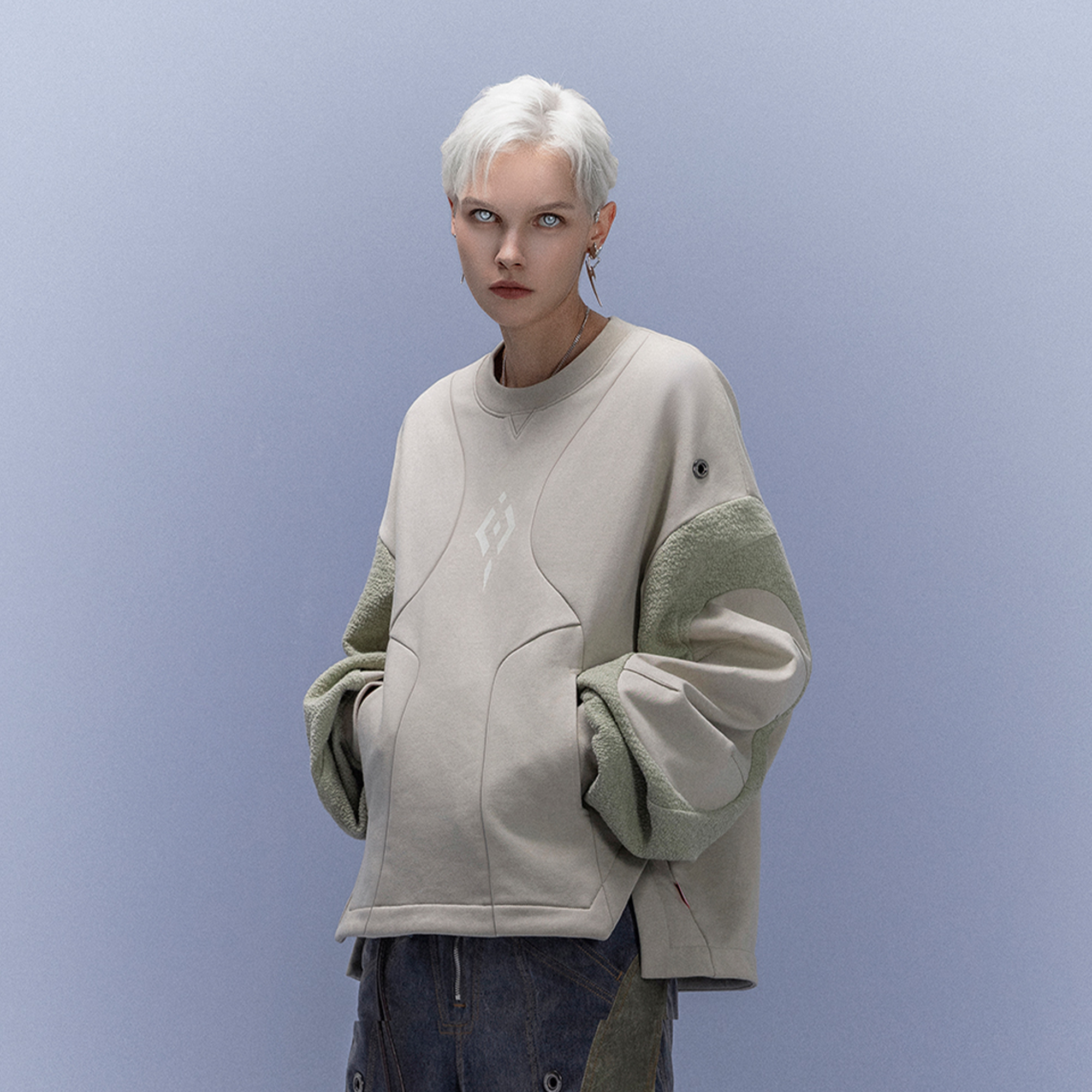 XIPHEVIL Utility Paneled Crewneck Sweatshirt Green