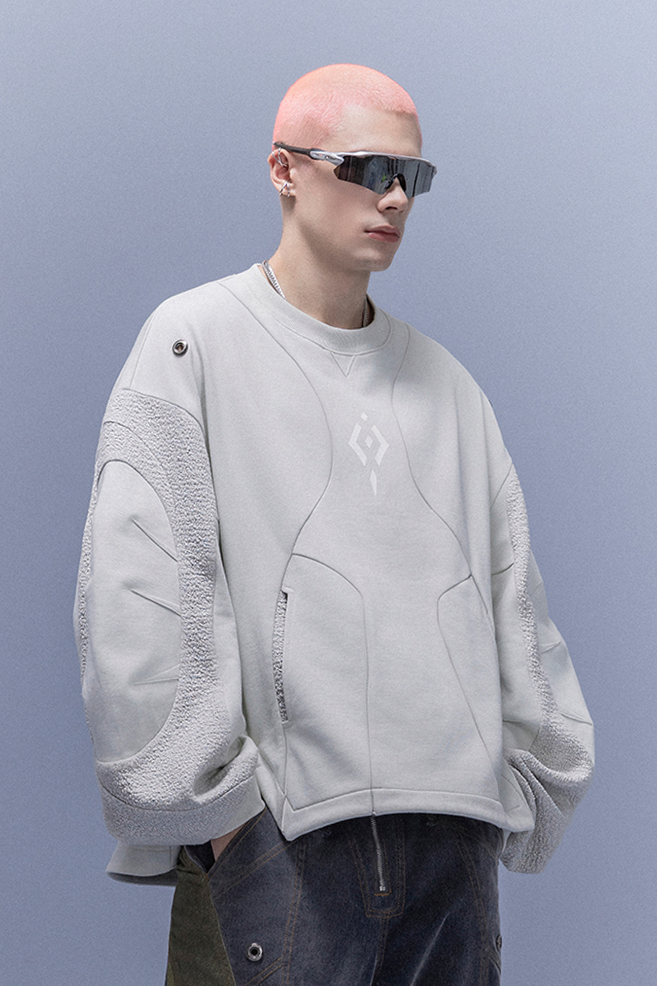 XIPHEVIL Utility Paneled Crewneck Sweatshirt White