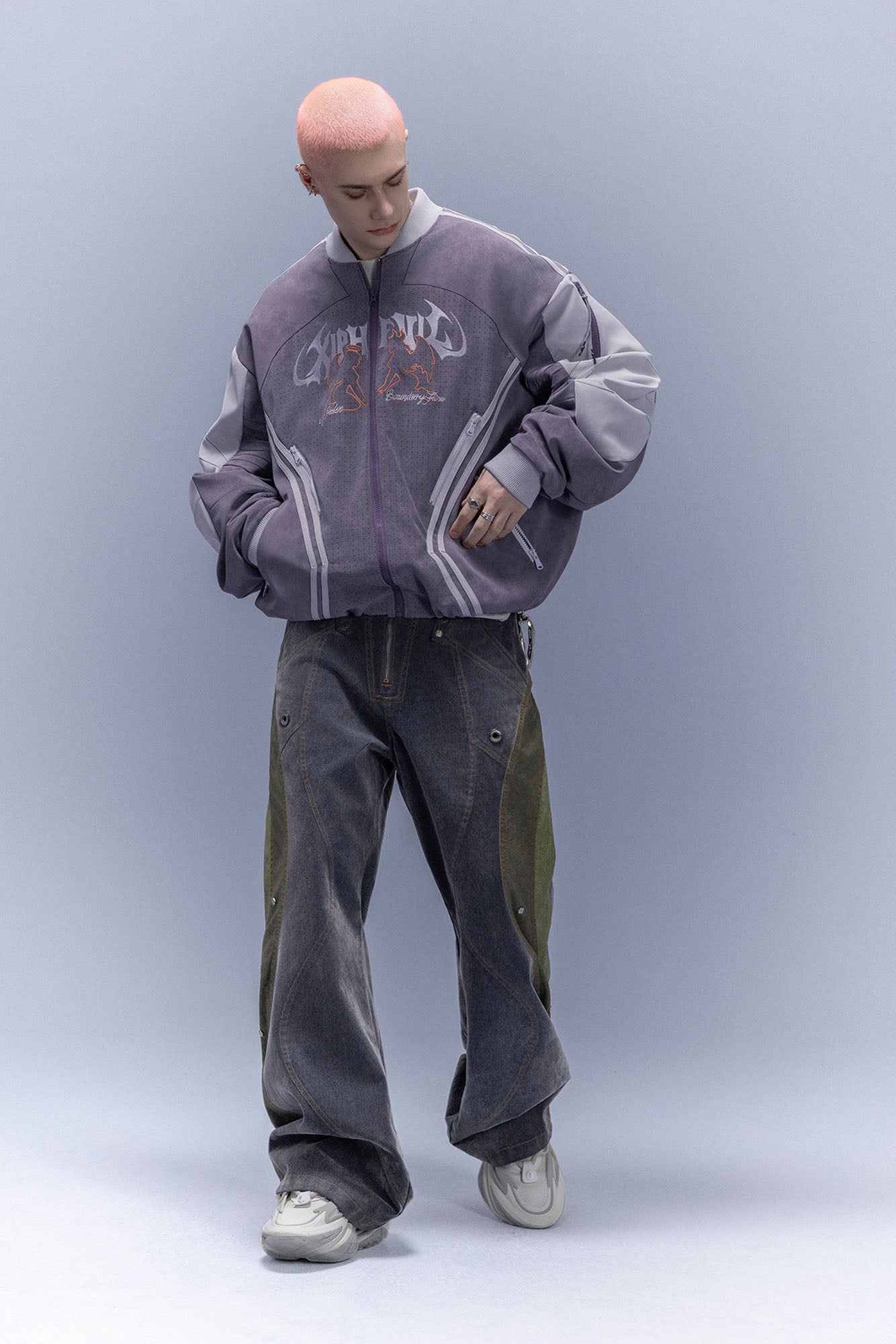 XIPHEVIL Faux Suede Embroidered LOGO Bomber Purple