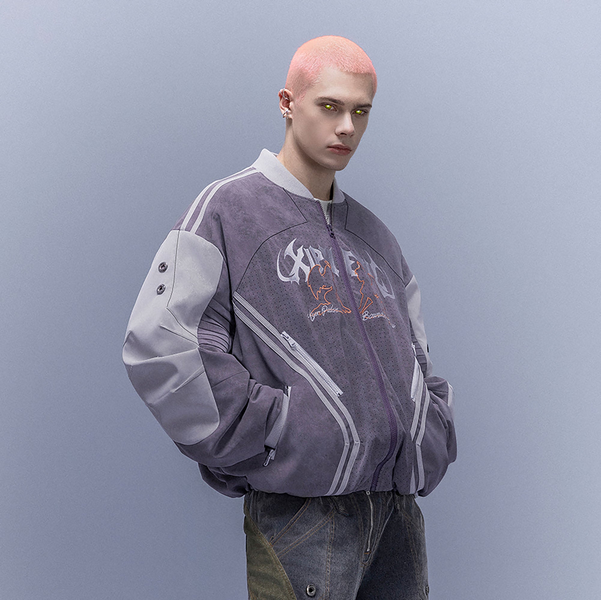 XIPHEVIL Faux Suede Embroidered LOGO Bomber Purple