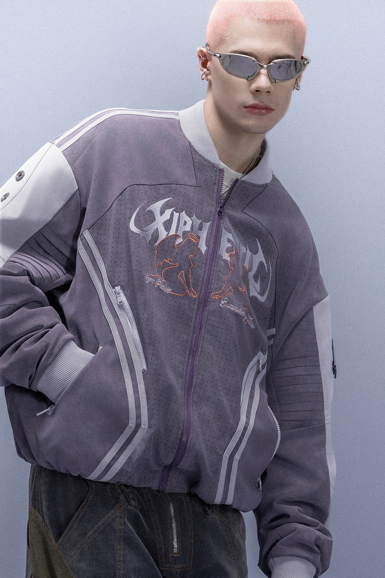 XIPHEVIL Faux Suede Embroidered LOGO Bomber Purple