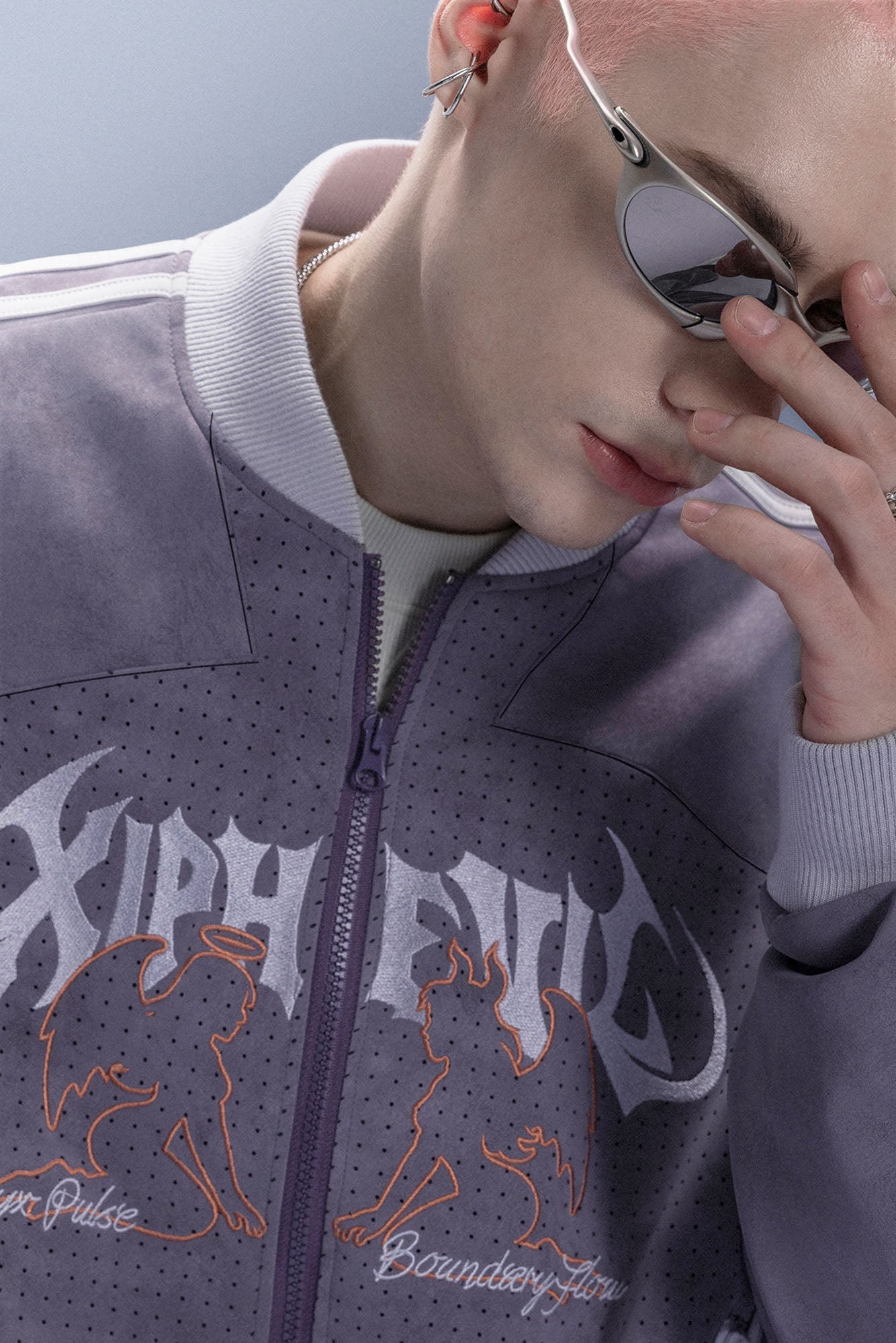 XIPHEVIL Faux Suede Embroidered LOGO Bomber Purple