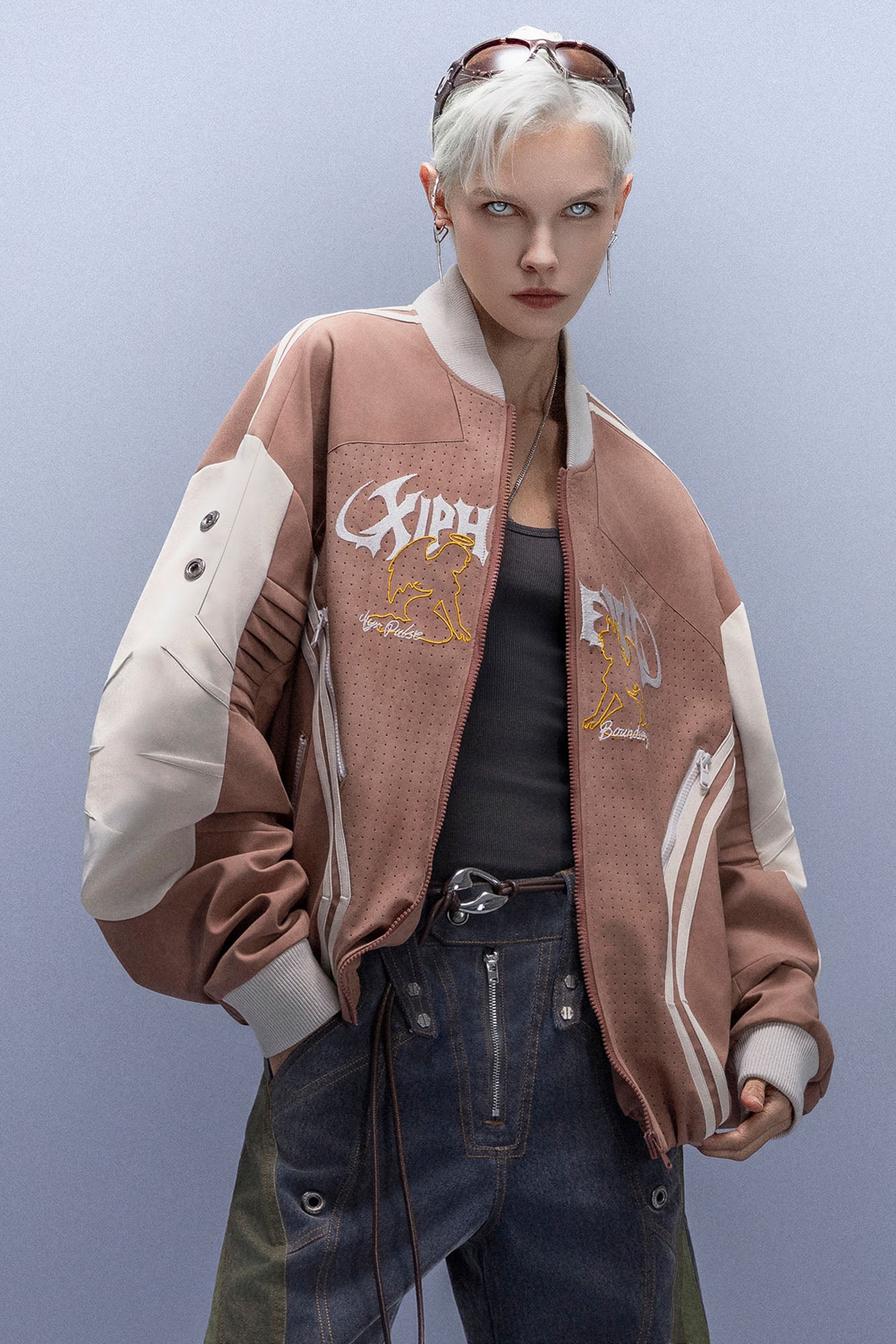 XIPHEVIL Faux Suede Embroidered LOGO Bomber Brown