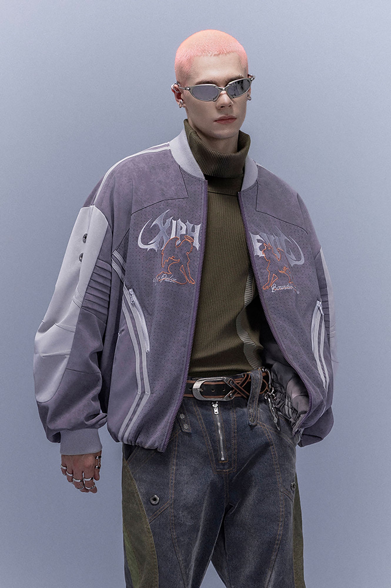 XIPHEVIL Faux Suede Embroidered LOGO Bomber Purple