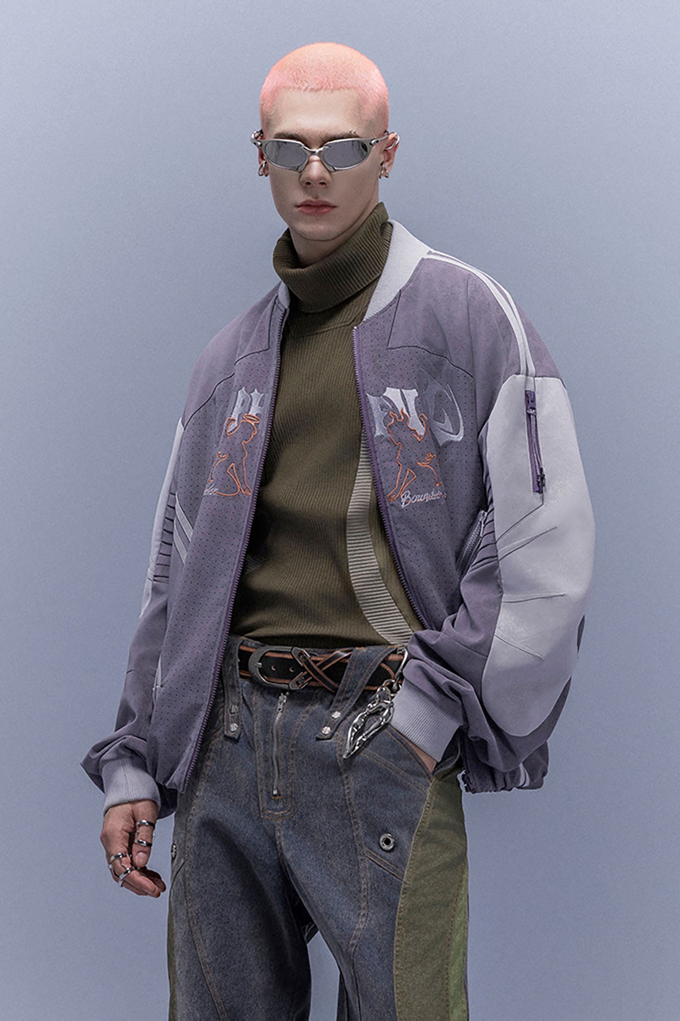 XIPHEVIL Faux Suede Embroidered LOGO Bomber Purple