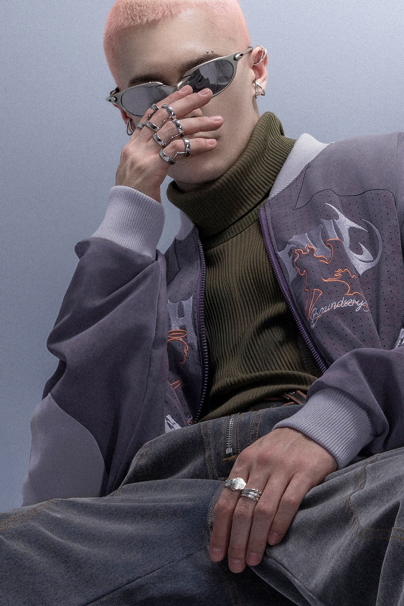 XIPHEVIL Faux Suede Embroidered LOGO Bomber Purple