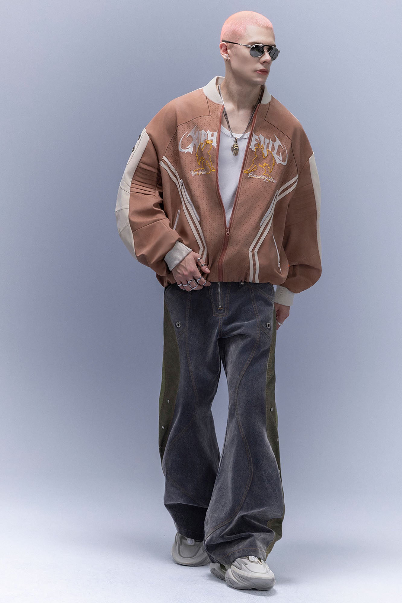 XIPHEVIL Faux Suede Embroidered LOGO Bomber Brown