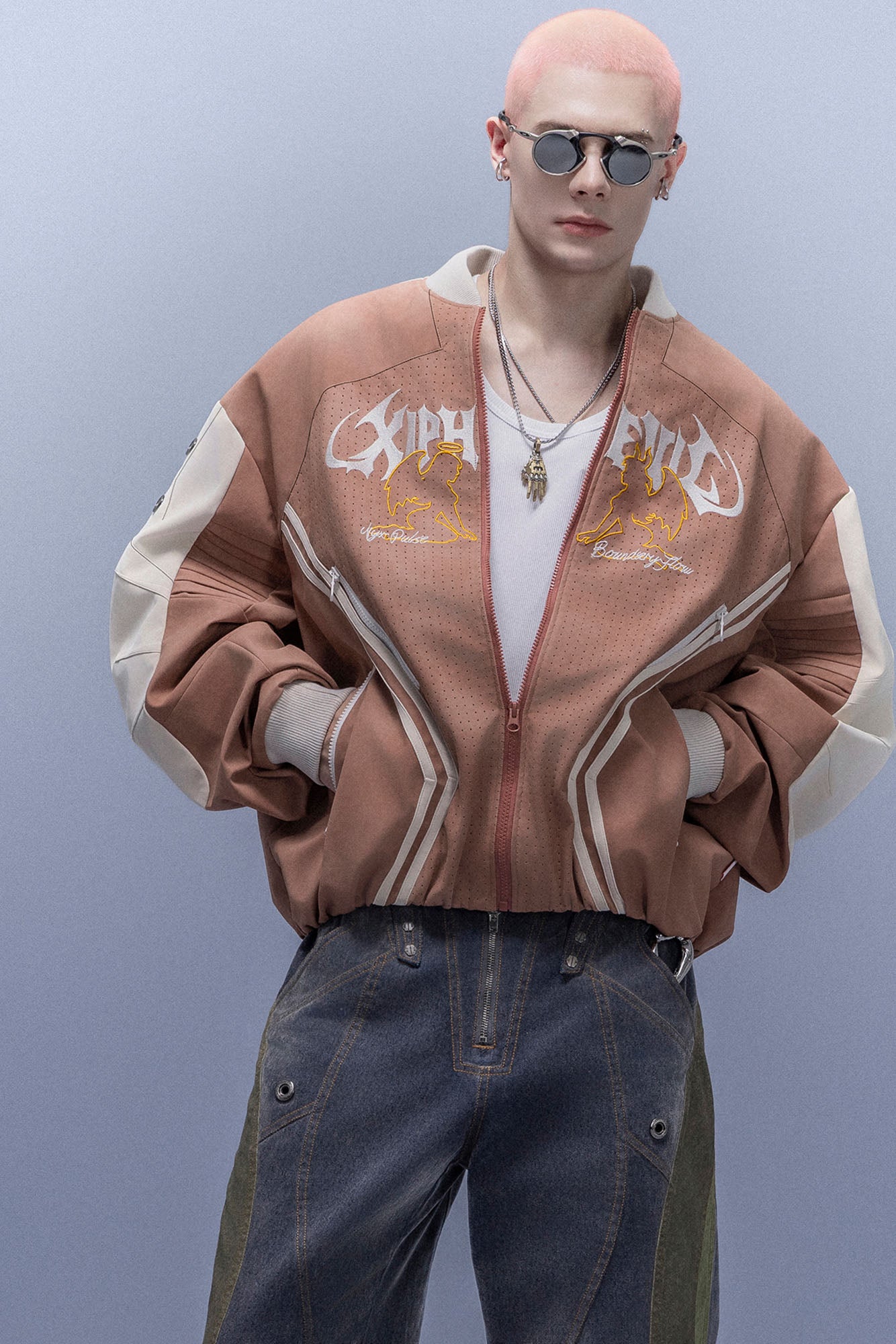 XIPHEVIL Faux Suede Embroidered LOGO Bomber Brown