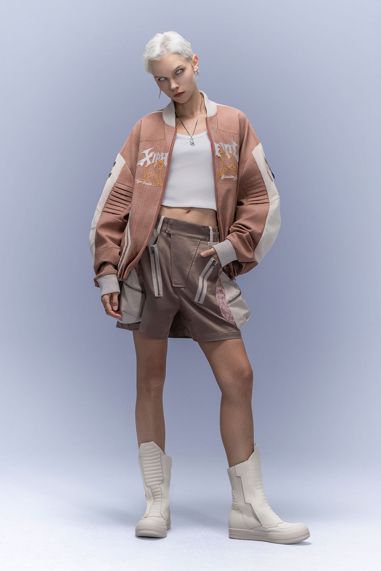 XIPHEVIL Faux Suede Embroidered LOGO Bomber Brown