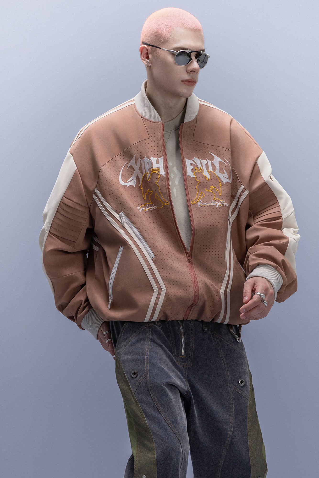 XIPHEVIL Faux Suede Embroidered LOGO Bomber Brown