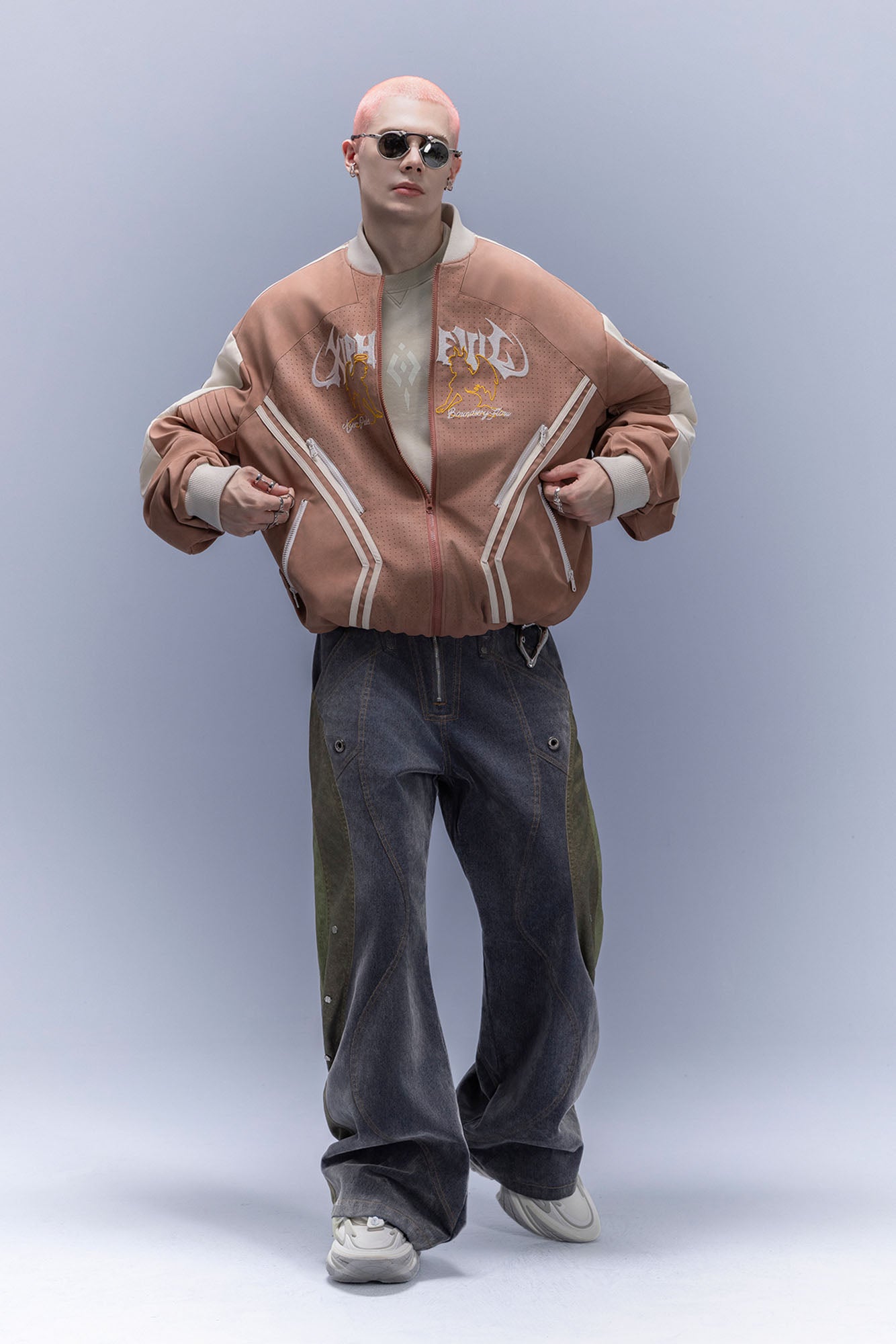 XIPHEVIL Faux Suede Embroidered LOGO Bomber Brown