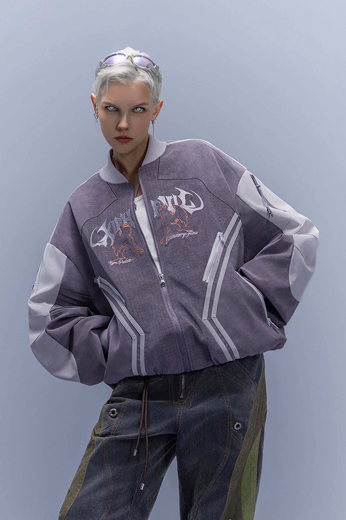 XIPHEVIL Faux Suede Embroidered LOGO Bomber Purple