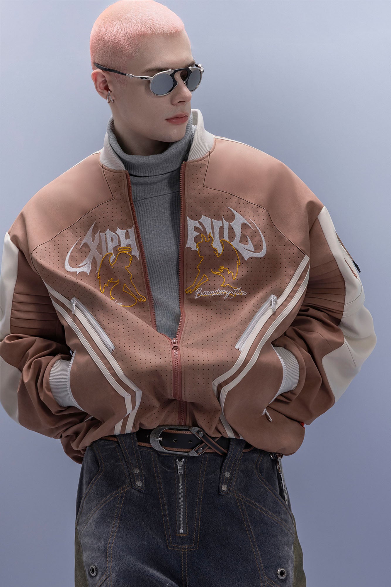 XIPHEVIL Faux Suede Embroidered LOGO Bomber Brown