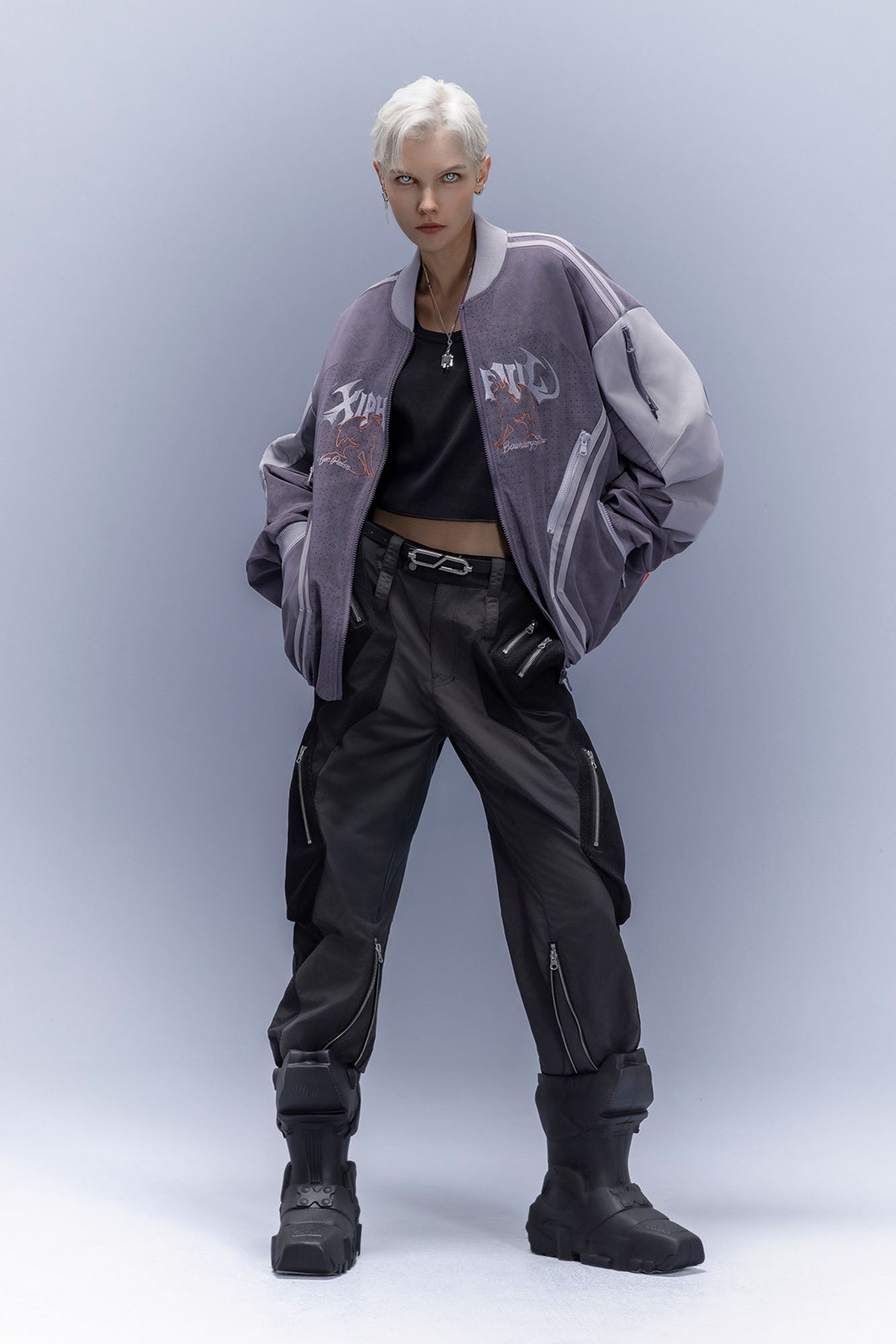 XIPHEVIL Faux Suede Embroidered LOGO Bomber Purple