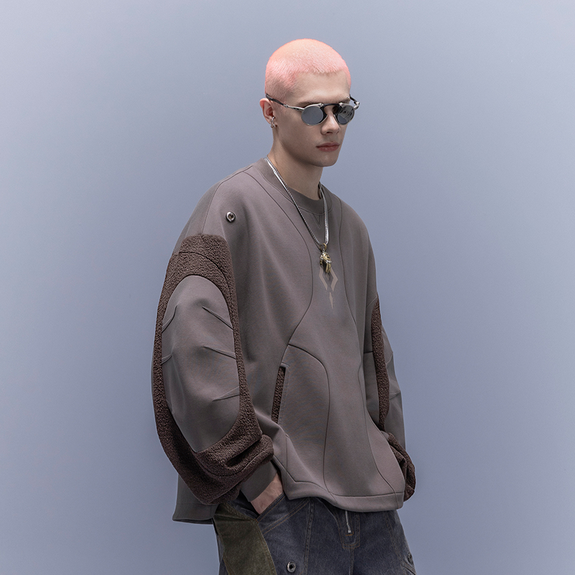 XIPHEVIL Utility Paneled Crewneck Sweatshirt Coffee