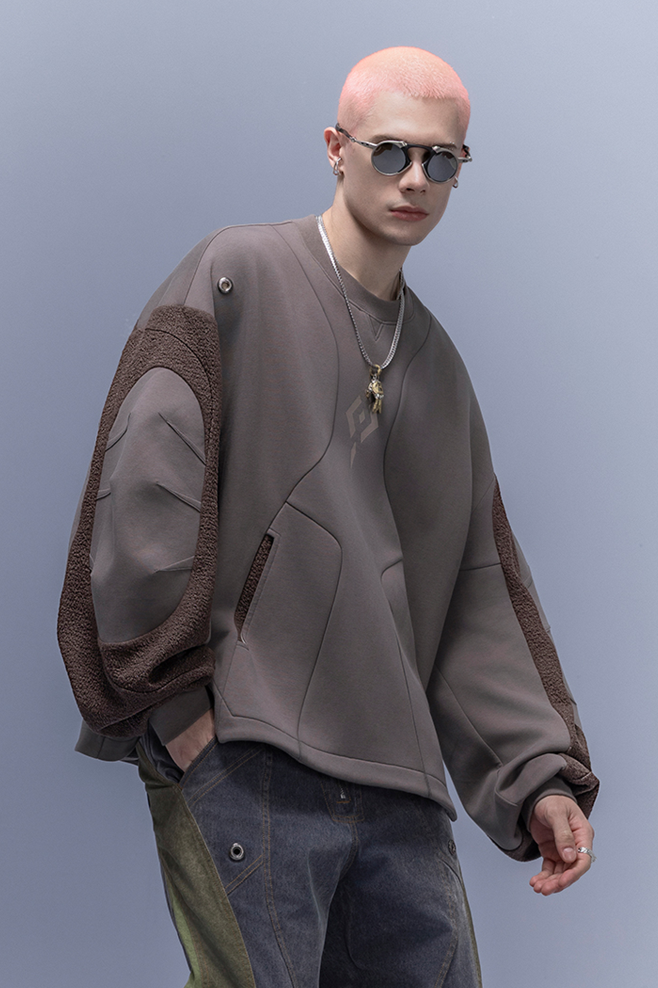 XIPHEVIL Utility Paneled Crewneck Sweatshirt Coffee