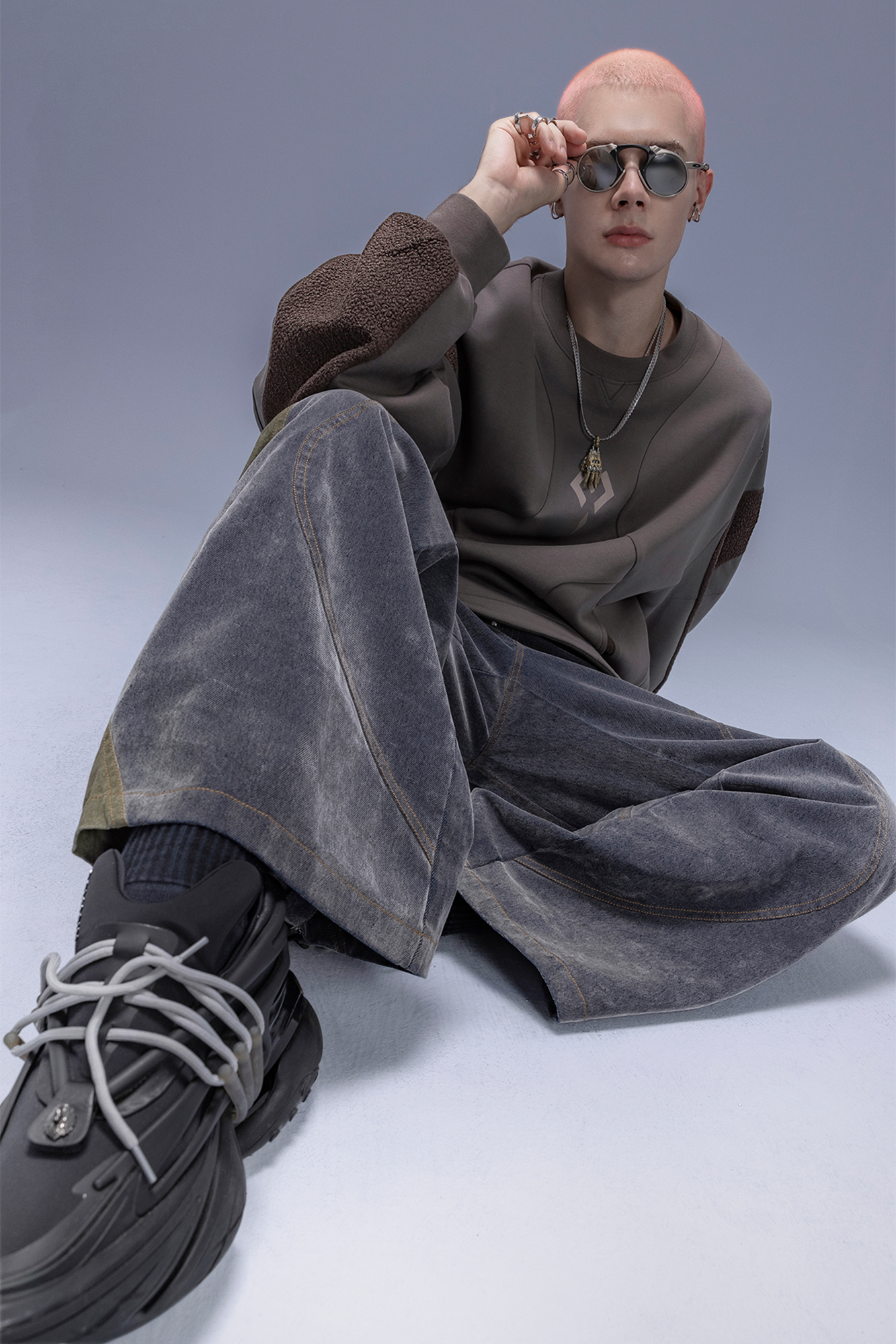 XIPHEVIL Utility Paneled Crewneck Sweatshirt Coffee