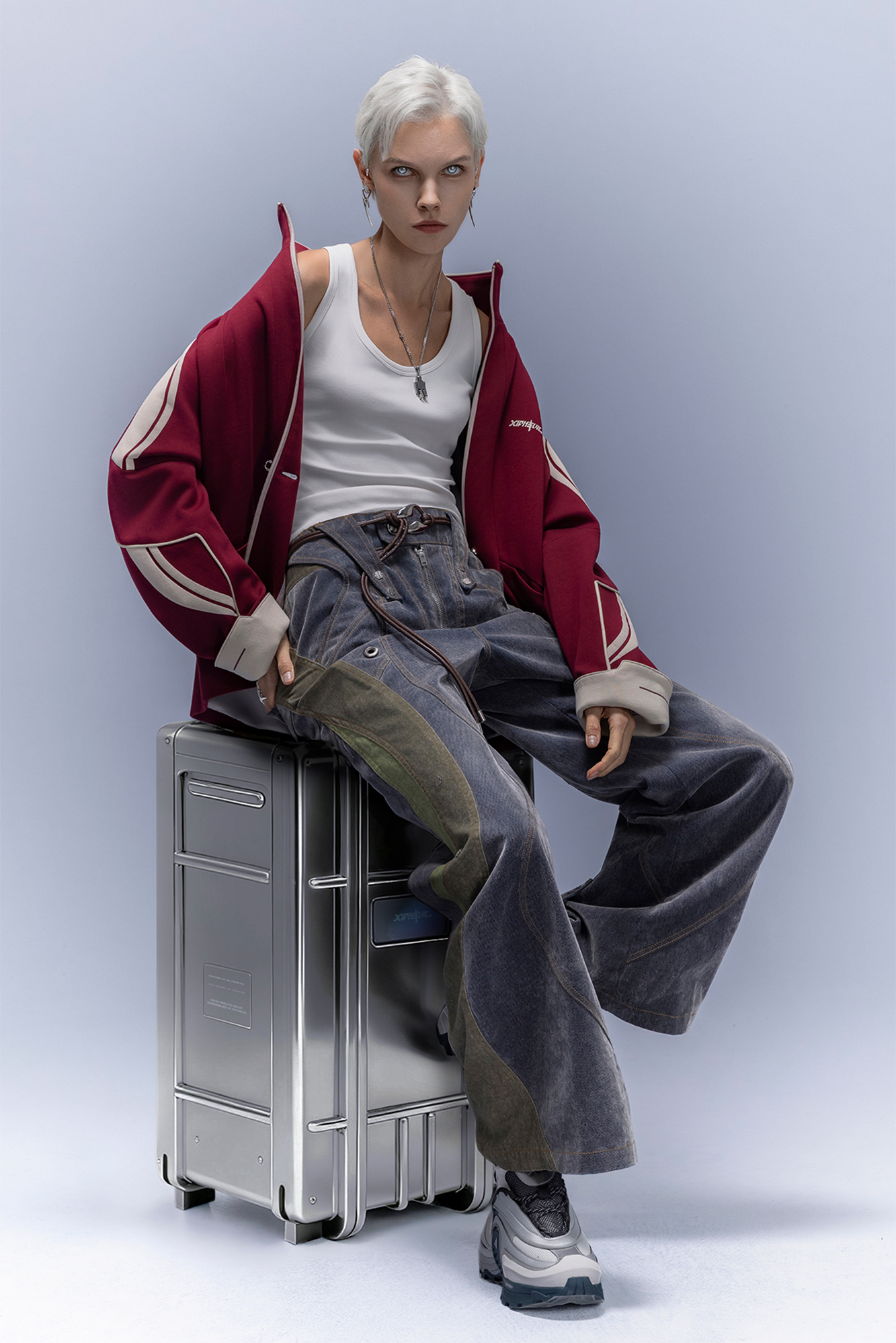 XIPHEVIL Washed Rivet Paneled Wide-Leg Pants