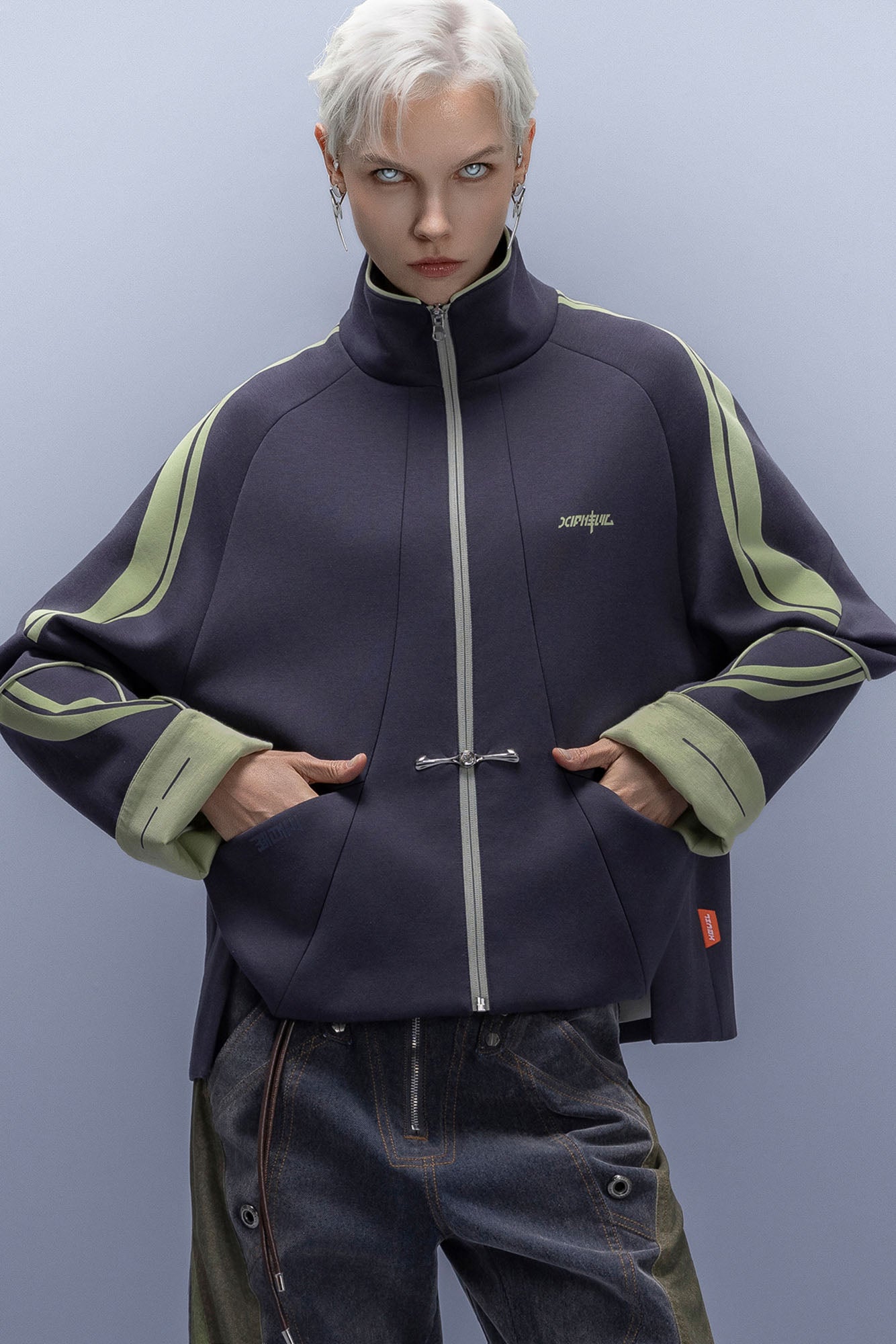 XIPHEVIL Contrast-Paneled Raglan Track Jacket Blue